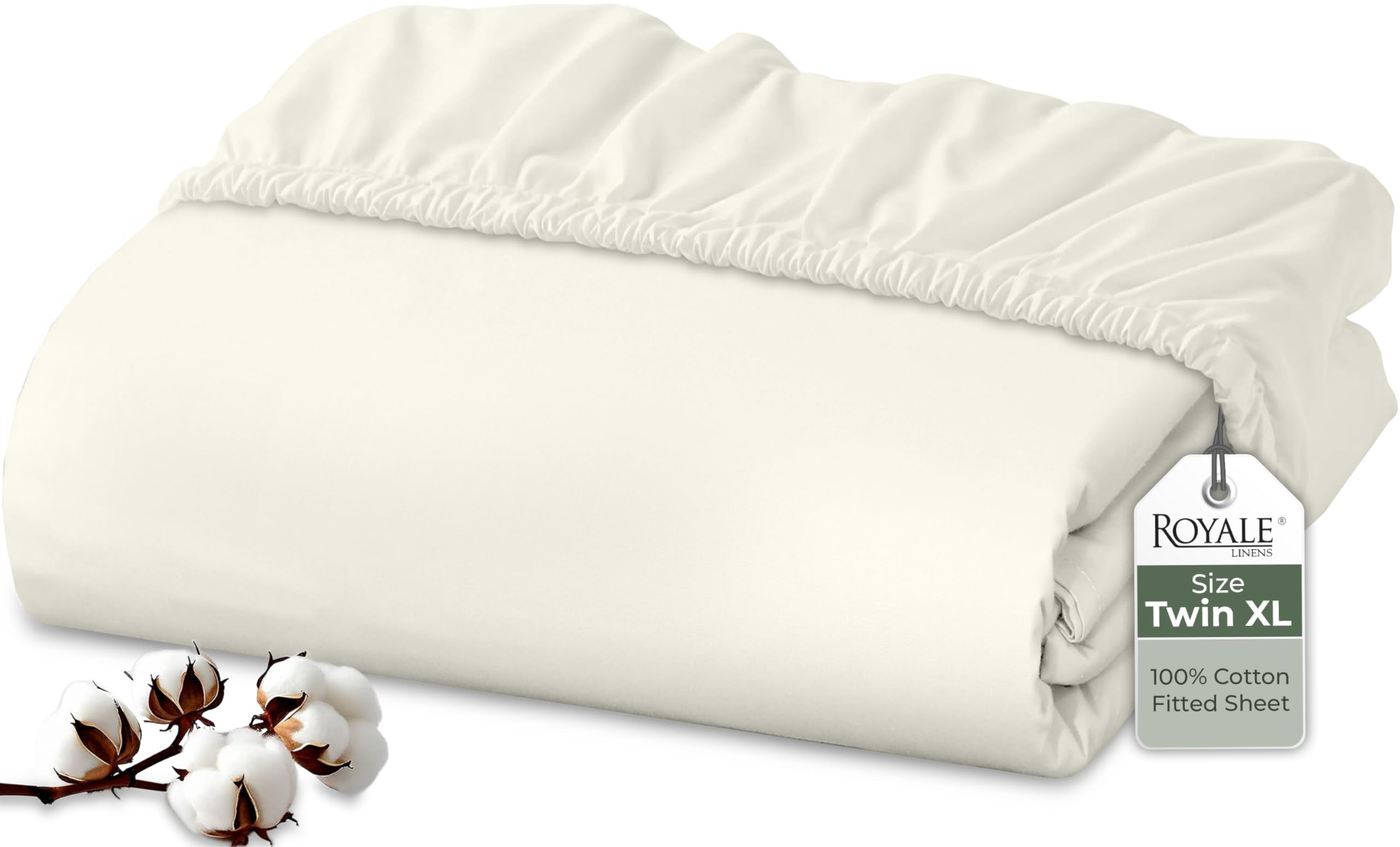 Royale Linens 200 Thread Count 100% Long Staple Combed Cotton Fitted Sheet - Super Soft Deep Pocket Bottom Sheet -Queen Fitted Sheet Only - Elastic Sheet (Queen,Ivory)