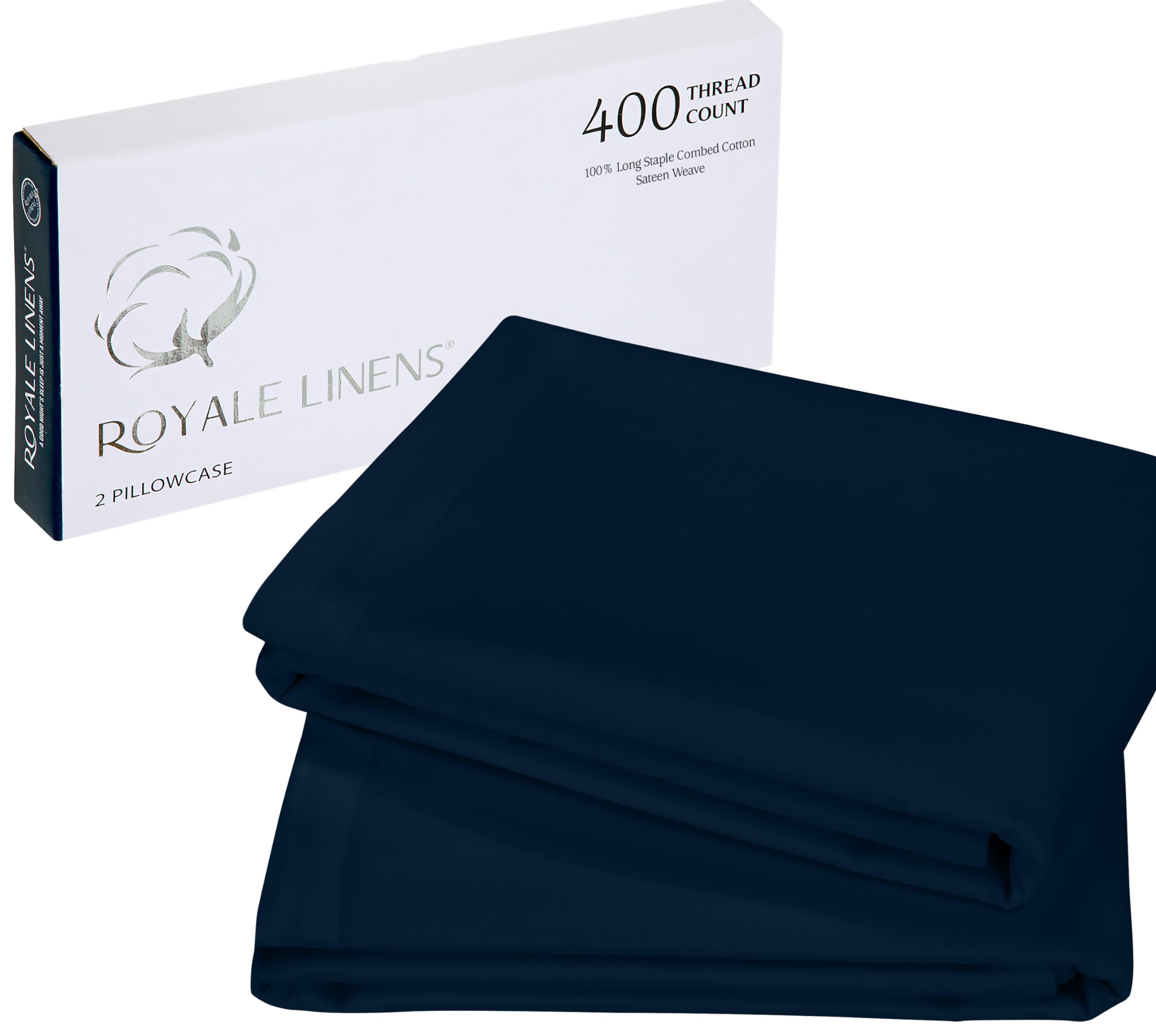 Royale Linens 400 Thread Count 100% American Grown Cotton Pillowcase Set - Luxury Sateen Pillow case - 20"x30" Inch - Soft & Smooth Set of 2 Navy Pillowcases - (Rivera Navy)