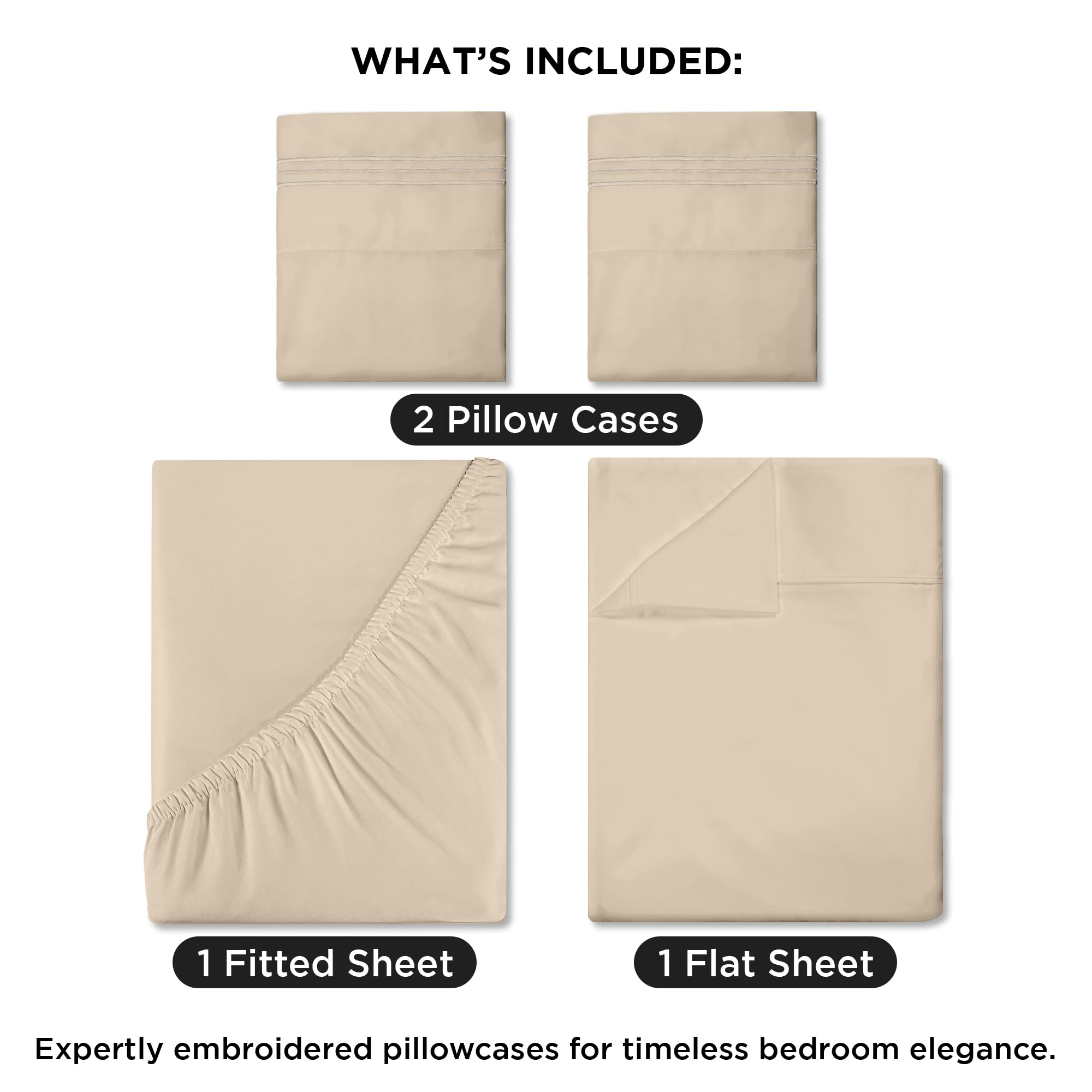ROYALE LINENS - 4 Piece Bed Sheet - Soft Brushed Microfiber 1800 Bedding Set - 1 Fitted Sheet, 1 Flat Sheet, 2 Pillow case - Wrinkle & Fade Resistant Luxury Sheet Set (Sand)