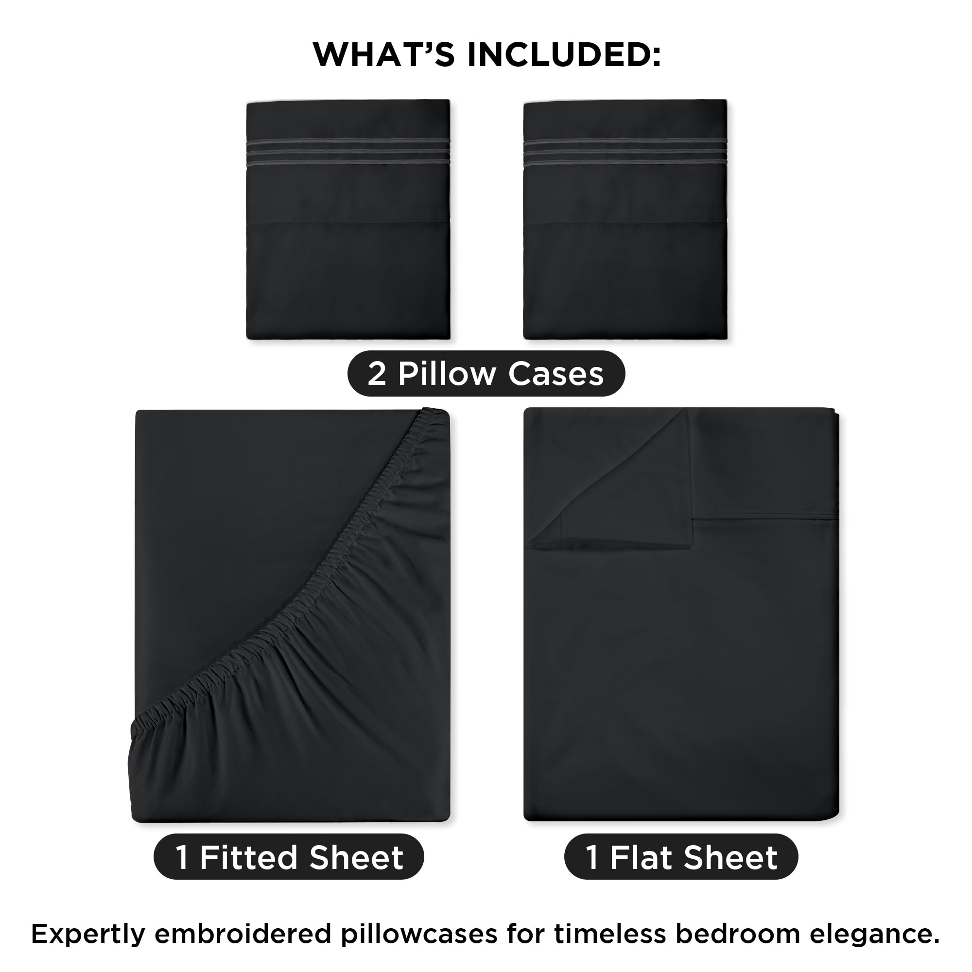 ROYALE LINENS - 4 Piece Bed Sheet - Soft Brushed Microfiber 1800 Bedding Set - 1 Fitted Sheet, 1 Flat Sheet, 2 Pillow case - Wrinkle & Fade Resistant Luxury Sheet Set (Black)