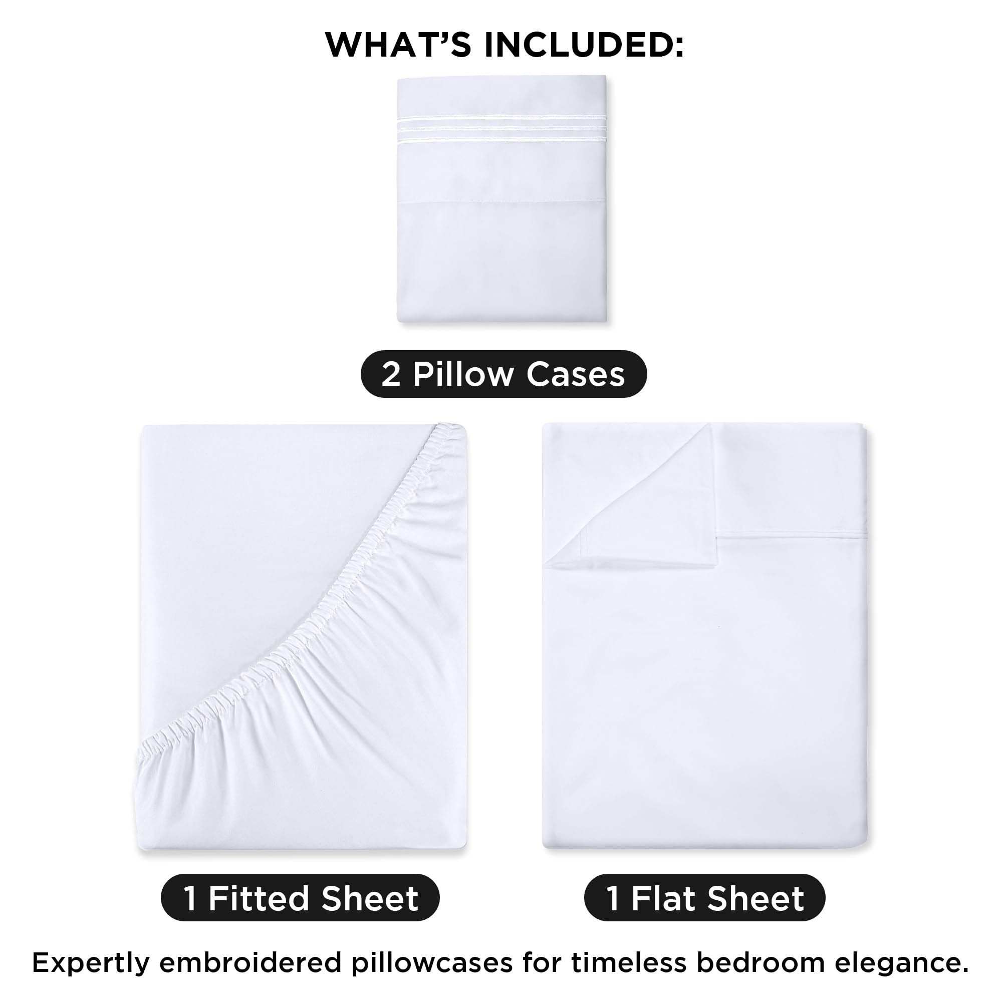 ROYALE LINENS - 4 Piece Queen Bed Sheet - Soft Brushed Microfiber 1800 Bedding Set - 1 Fitted Sheet, 1 Flat Sheet, 2 Pillow case - Wrinkle & Fade Resistant Luxury Queen Size Sheet Set (White, Queen)