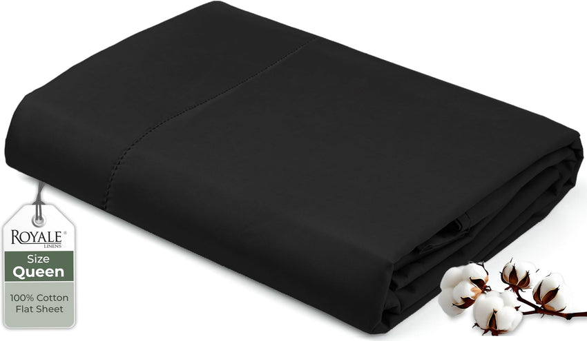 Royale Linens 200 Thread Count 100% Long Staple Combed Cotton Flat Sheet - Super Soft - Top Sheet - Breathable, Cool & Crisp Percale Flat Sheet Only (Queen, Black)