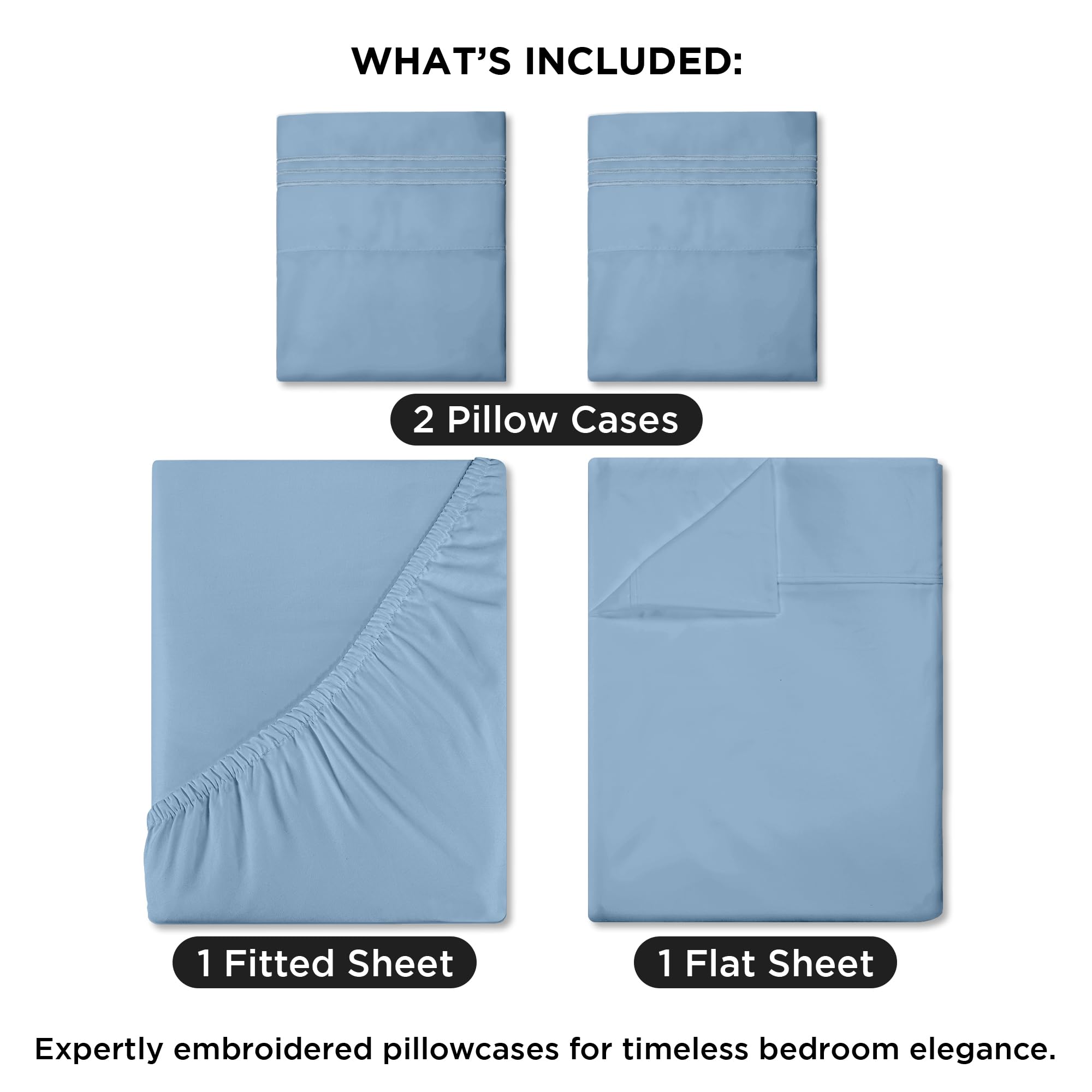Royale Linens - 4 Piece Bed Sheet - Soft Brushed Microfiber 1800 Bedding Set - 1 Fitted Sheet, 1 Flat Sheet, 2 Pillowcase -Wrinkle & Fade Resistant Luxury Sheet Set (Lake Blue)
