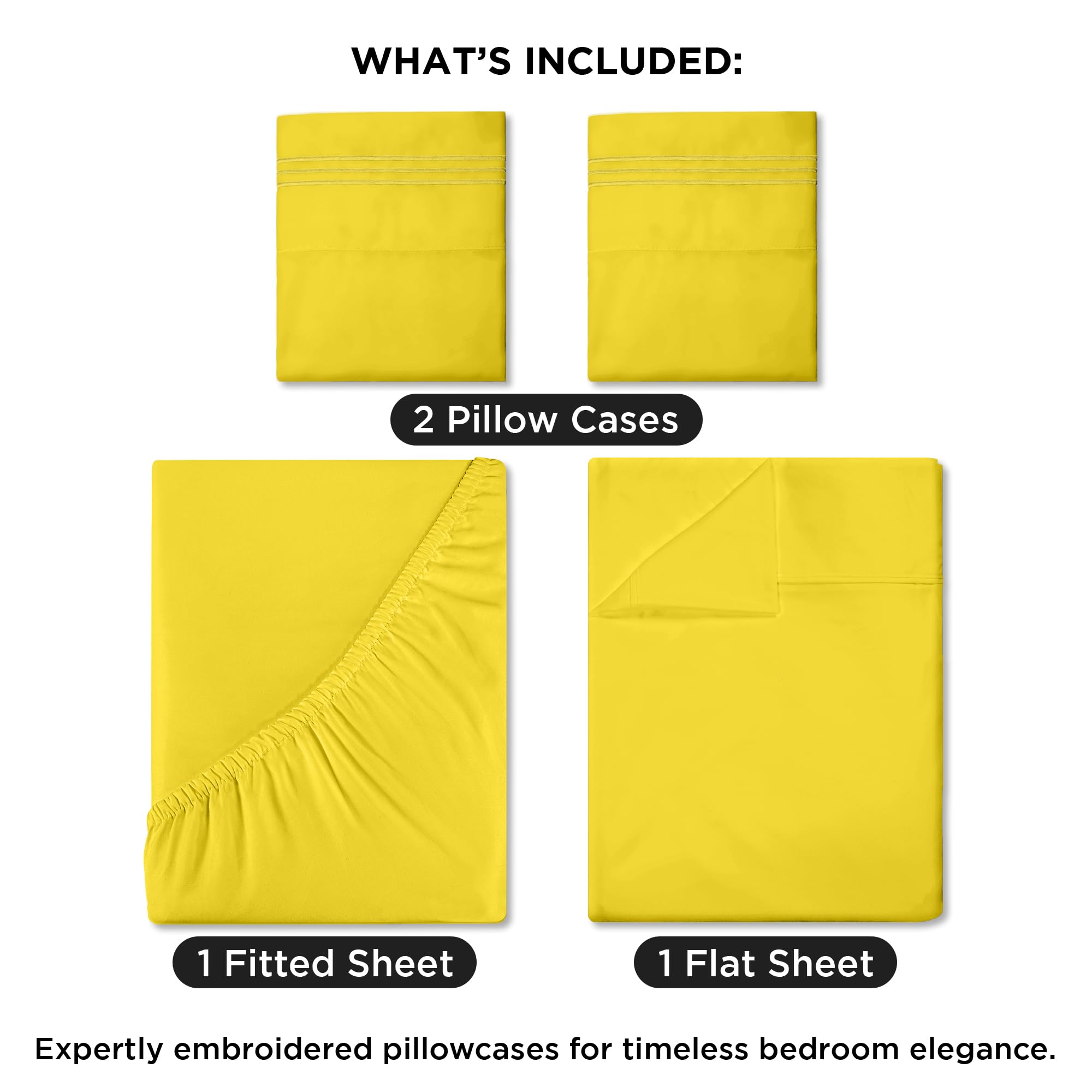 ROYALE LINENS - 4 Piece Bed Sheet - Soft Brushed Microfiber 1800 Bedding Set - 1 Fitted Sheet, 1 Flat Sheet, 2 Pillow case - Wrinkle & Fade Resistant Luxury Sheet Set (Yellow)
