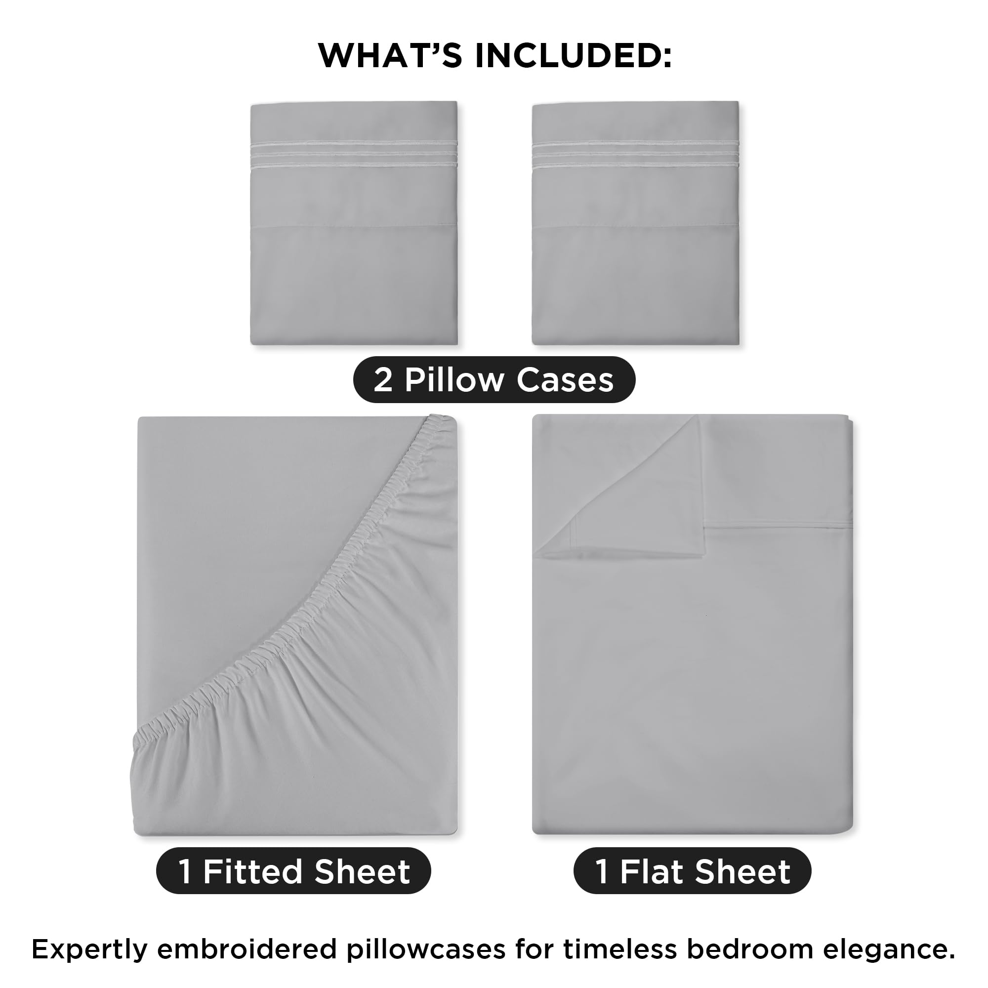ROYALE LINENS - 4 Piece Bed Sheet - Soft Brushed Microfiber 1800 Bedding Set - 1 Fitted Sheet, 1 Flat Sheet, 2 Pillow case - Wrinkle & Fade Resistant Luxury Sheet Set (Silver)