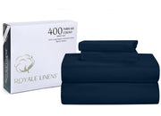 ROYALE LINENS 400 Thread Count 100% American Grown Cotton 4 Piece Sateen Sheet Set - 1 Fitted Sheet, 1 Flat Sheet, 2 Pillow case - Navy Bedsheet - Cotton Sheets - (Rivera Navy)