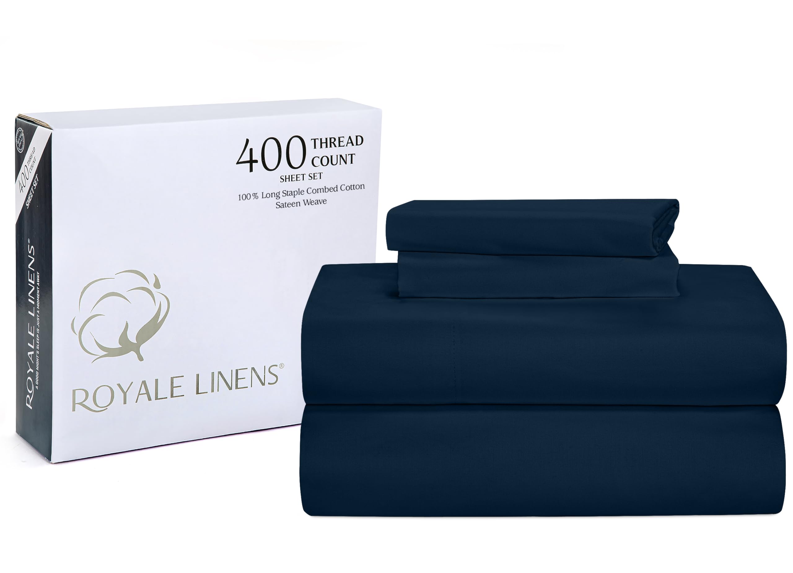 ROYALE LINENS 400 Thread Count 100% American Grown Cotton 4 Piece Sateen Sheet Set - 1 Fitted Sheet, 1 Flat Sheet, 2 Pillow case - Navy Bedsheet - Cotton Sheets - (Rivera Navy)