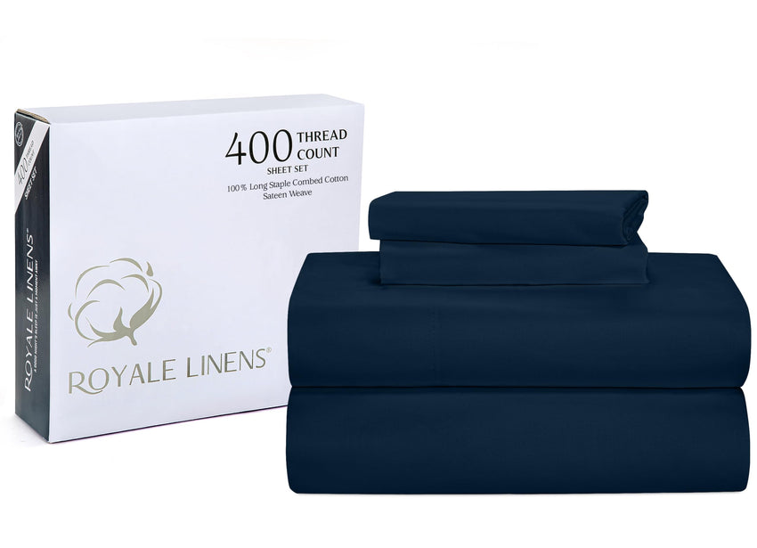 ROYALE LINENS 400 Thread Count 100% American Grown Cotton 4 Piece Sateen Queen Sheet Set - 1 Fitted Sheet, 1 Flat Sheet, 2 Pillow case - Navy Queen Bedsheet - Cotton Sheets - (Queen, Rivera Navy)