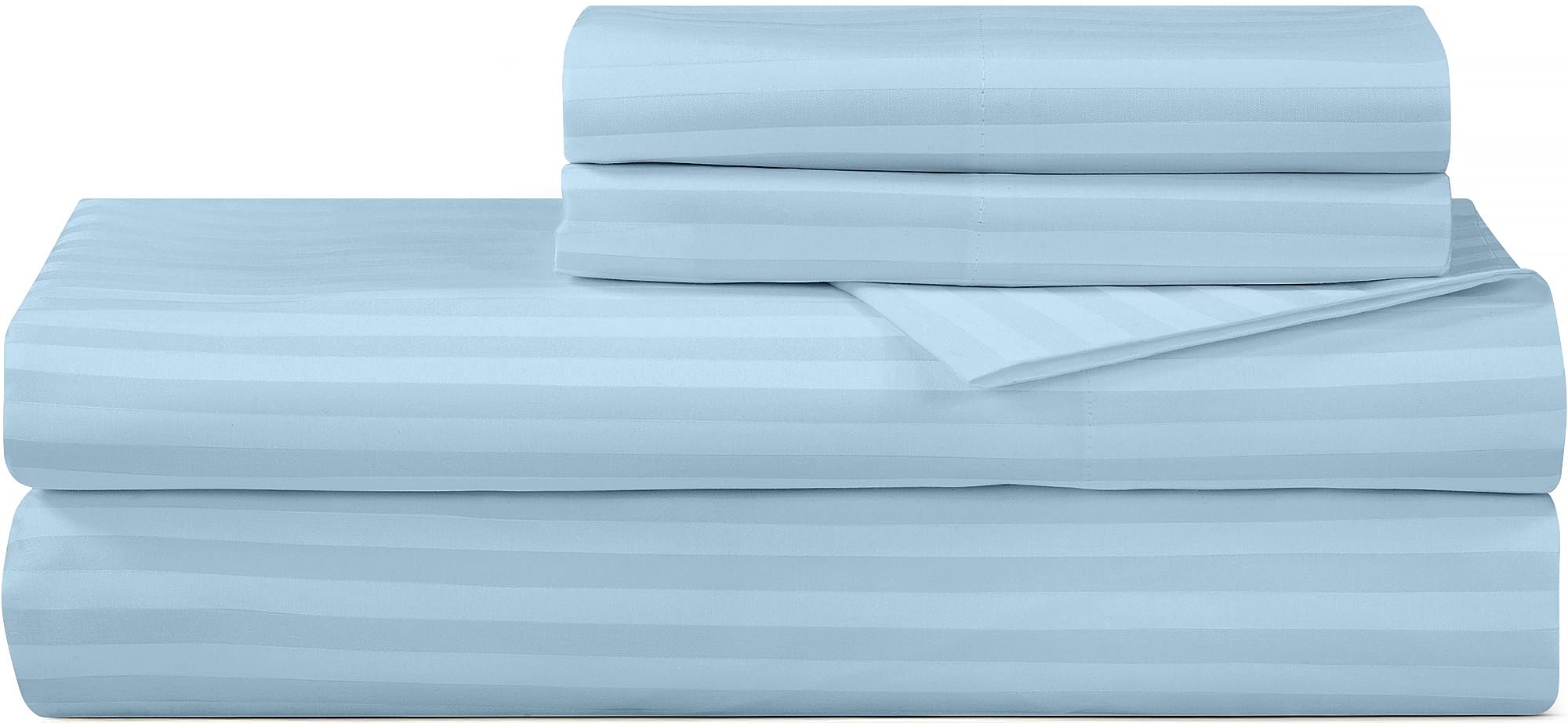 Royale Linens 300 Thread Count 100% Long Staple Combed Cotton Striped Sheet Set - 4 Piece Queen Bed Sheet - 1 Fitted Sheet, 1 Flat Sheet, 2 Pillowcase -Cool & Crisp Sheet Set (Queen, Stripe Lake Blue)