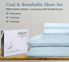 ROYALE LINENS 400 Thread Count 100% American Grown Cotton 4 Piece Sateen Queen Sheet Set - 1 Fitted Sheet, 1 Flat Sheet, 2 Pillow case - Blue Queen Bedsheet - Cotton Sheets - (Queen, Caribbean Blue)