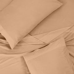 ROYALE LINENS 300 Thread Count 100% Long Staple Combed Cotton Sheet Set - 4 Piece Queen Bed Sheet 1 Fitted Sheet, 1 Flat Sheet, 2 Pillow Case - Breathable, Cool & Crisp Percale Sheet Set (Queen, Sand)