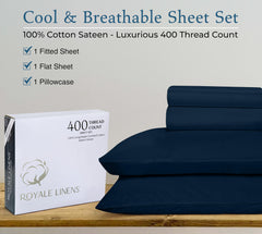 ROYALE LINENS 400 Thread Count 100% American Grown Cotton 4 Piece Sateen Queen Sheet Set - 1 Fitted Sheet, 1 Flat Sheet, 2 Pillow case - Navy Queen Bedsheet - Cotton Sheets - (Queen, Rivera Navy)