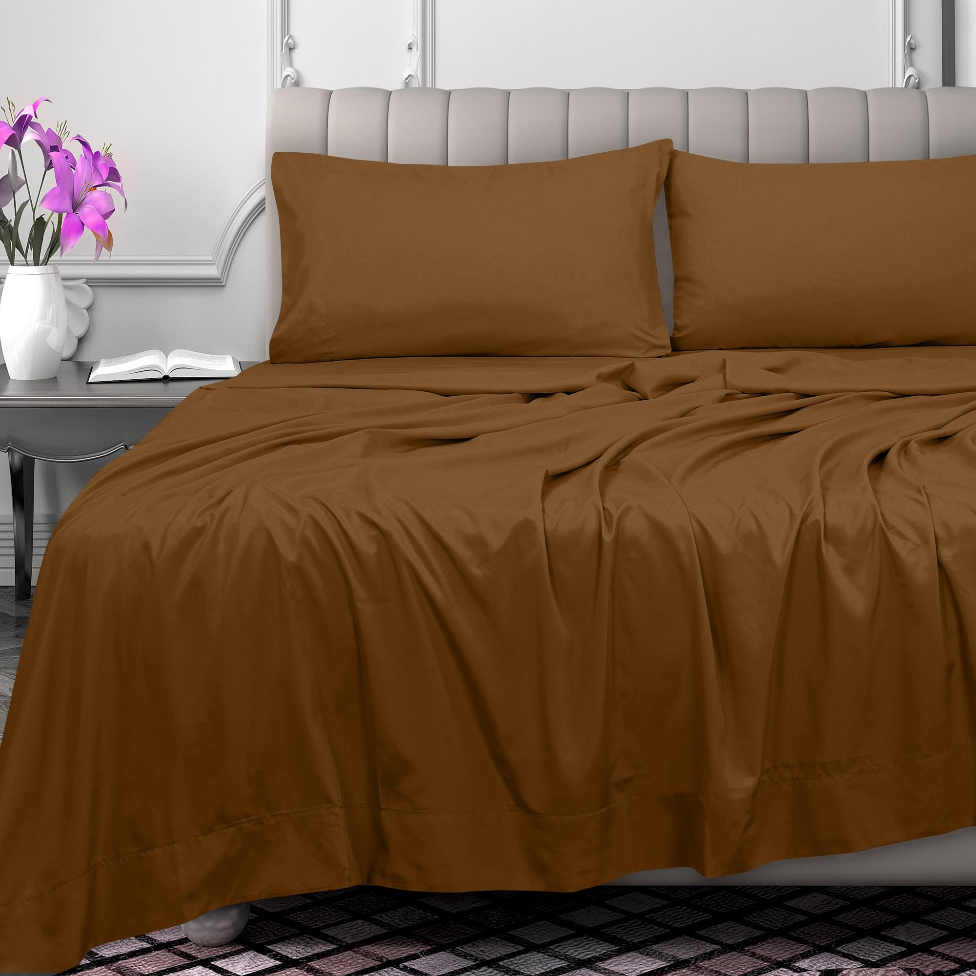 ROYALE LINENS 300 Thread Count 100% Long Staple Combed Cotton Flat Sheet - Super Soft- Top Sheet -Flat Sheet Sold Separately - Breathable Cool & Crisp Percale Flat Sheet Only (Chocolate)