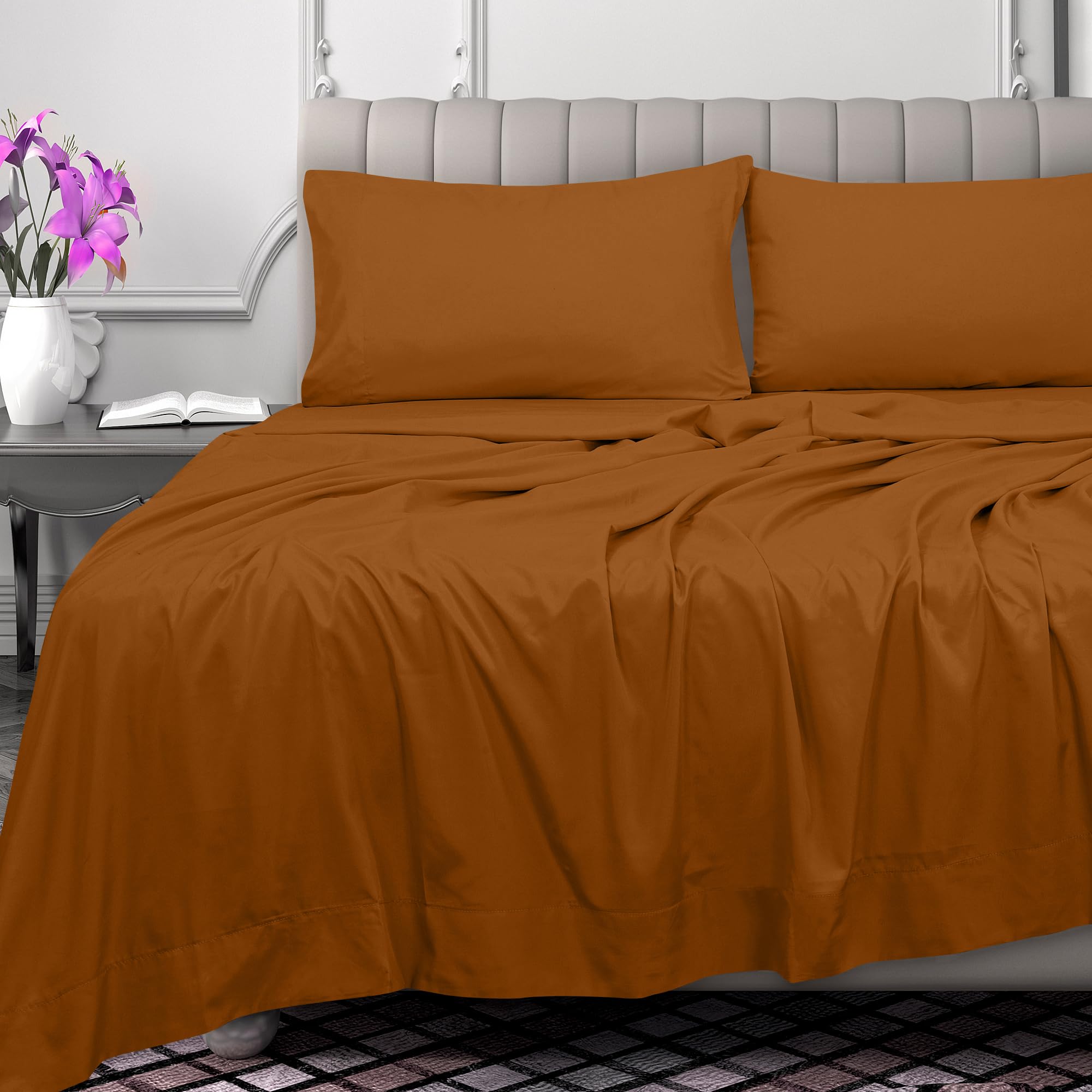 Royale Linens 300 Thread Count 100% Cotton Flat Sheet - Ultra-Soft Wrinkle & Fade Resistant - Top Sheet - Flat Sheet Sold Separately - Flat Sheet Only (Mustard)