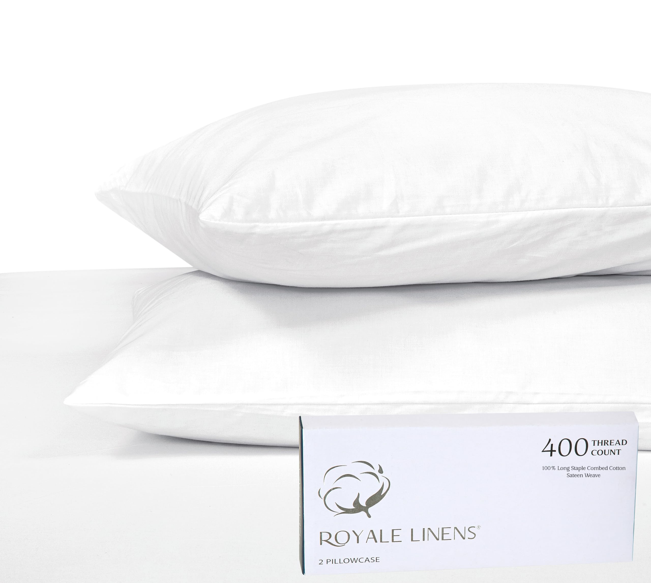 Royale Linens 400 Thread Count 100% American Grown Cotton Pillowcase Set - Luxury Sateen Pillow case - 20"x30" Inch - Soft & Smooth Set of 2 White Pillowcases - (Signature White)