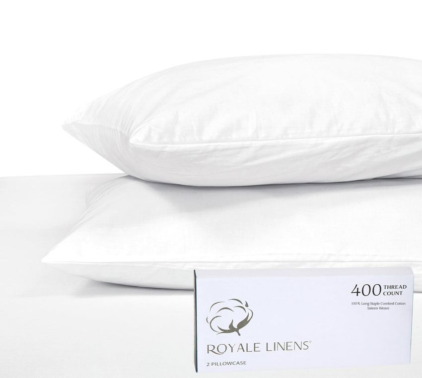 Royale Linens 400 Thread Count 100% American Grown Cotton Queen Pillowcase Set - Luxury Sateen Queen Pillow case - 20"x30" Inch - Soft & Smooth Set of 2 White Pillowcases - (Queen, Signature White)