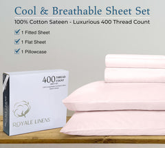 ROYALE LINENS 400 Thread Count 100% American Grown Cotton 4 Piece Sateen Queen Sheet Set - 1 Fitted Sheet, 1 Flat Sheet, 2 Pillow case - Pink Queen Bedsheet - Cotton Sheets - (Queen, Kyoto Blush)