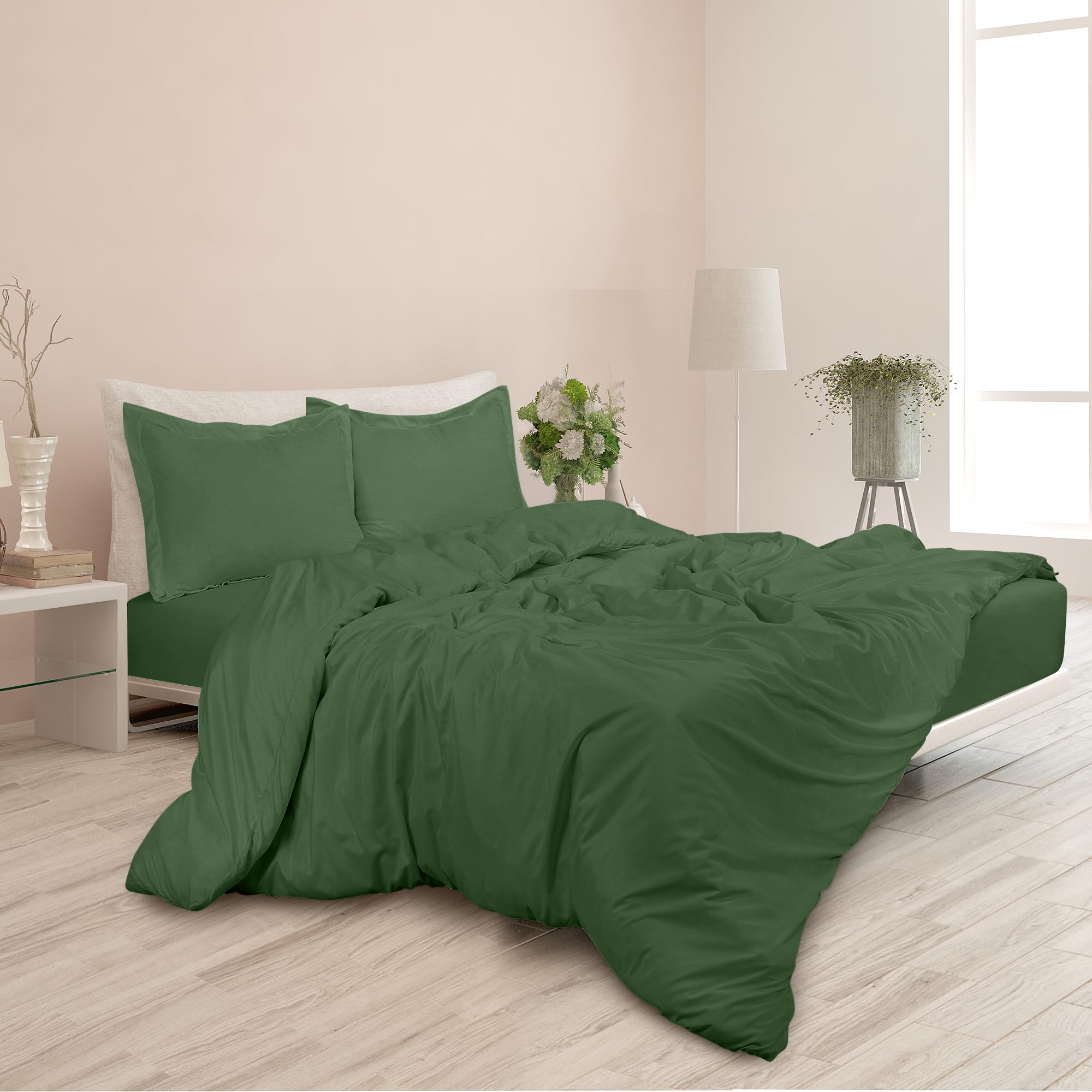 ROYALE Hunter Green Duvet Cover Queen Size - Washed Duvet Cover Set, 3 Piece Double Brushed Duvet Covers with Button Closure - 1 Duvet Cover 90x90 inch & 2 Pillow Shams - Comforter Cover