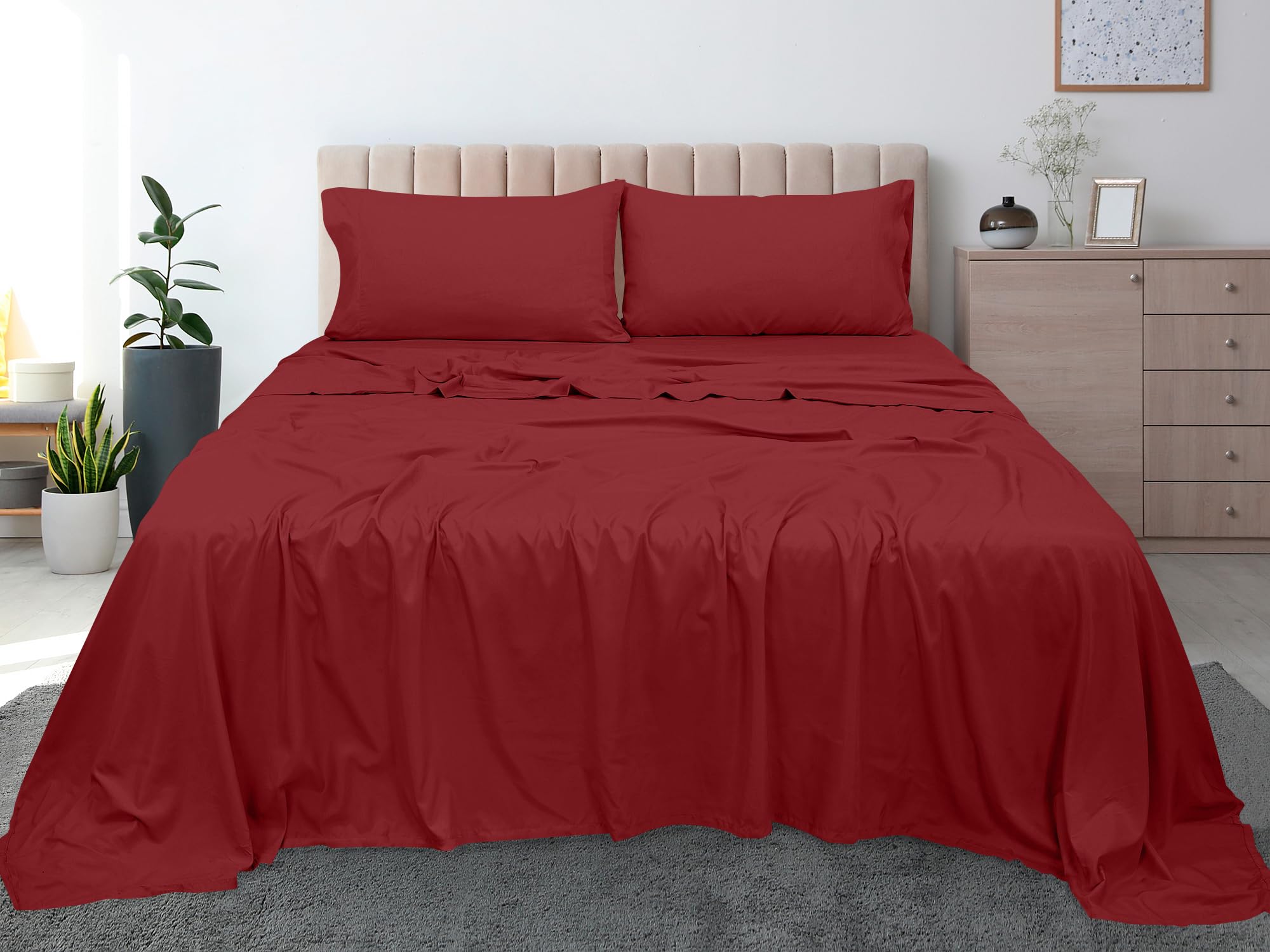 Royale Linens 300 Thread Count 100% Long Staple Combed Cotton Flat Sheet - Super Soft - Top Sheet - Queen Flat Sheet Sold Separately - Breathable, Cool & Crisp Percale Flat Sheet Only (Queen, Red)