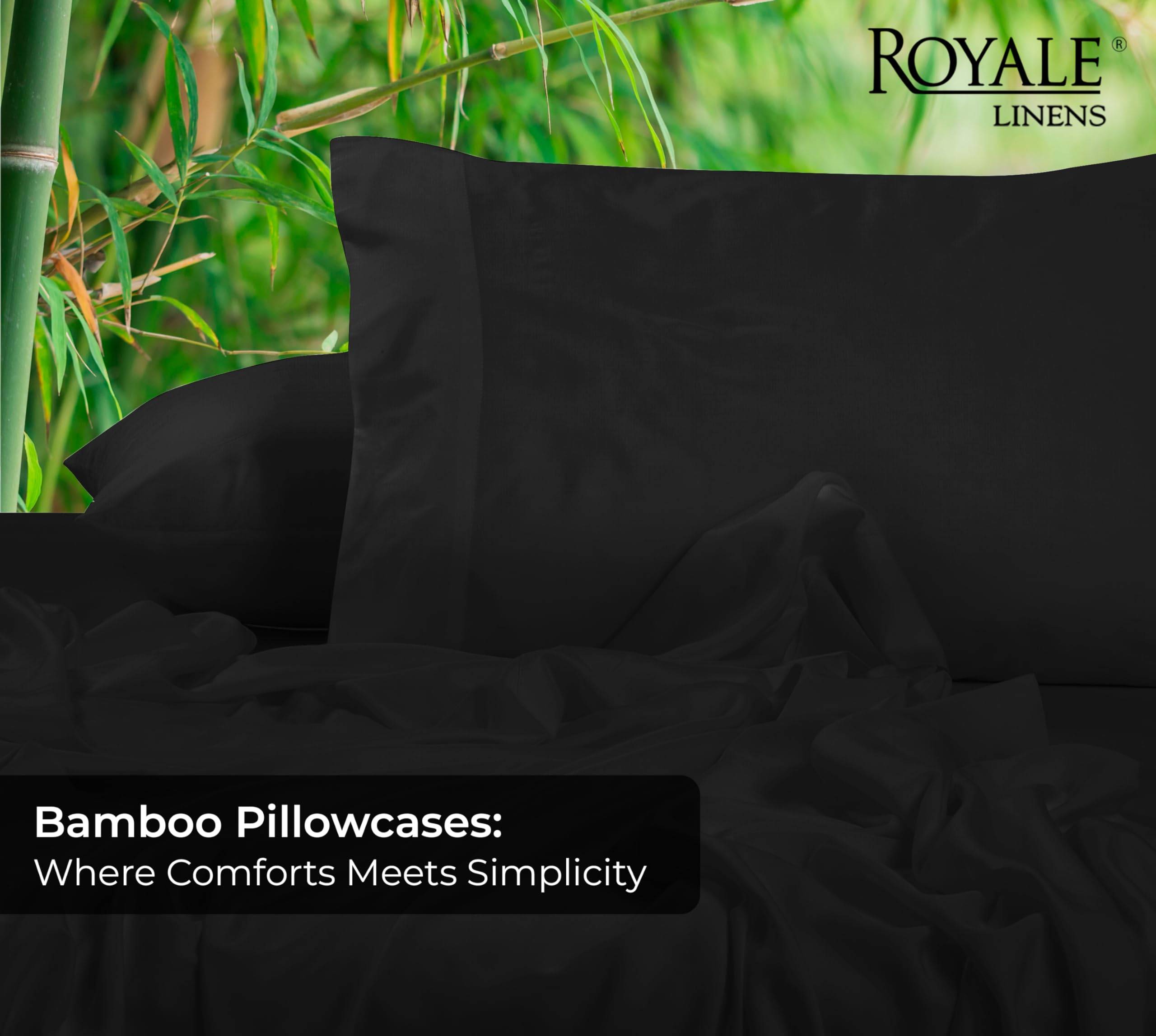 Royale Linens Cooling Pillow Cases Set of 2-100% Rayon Derived from Bamboo Cooling Pillowcase for Hot Sleepers - Soft & Silky Pillow Covers with Envelope Closure (Black)