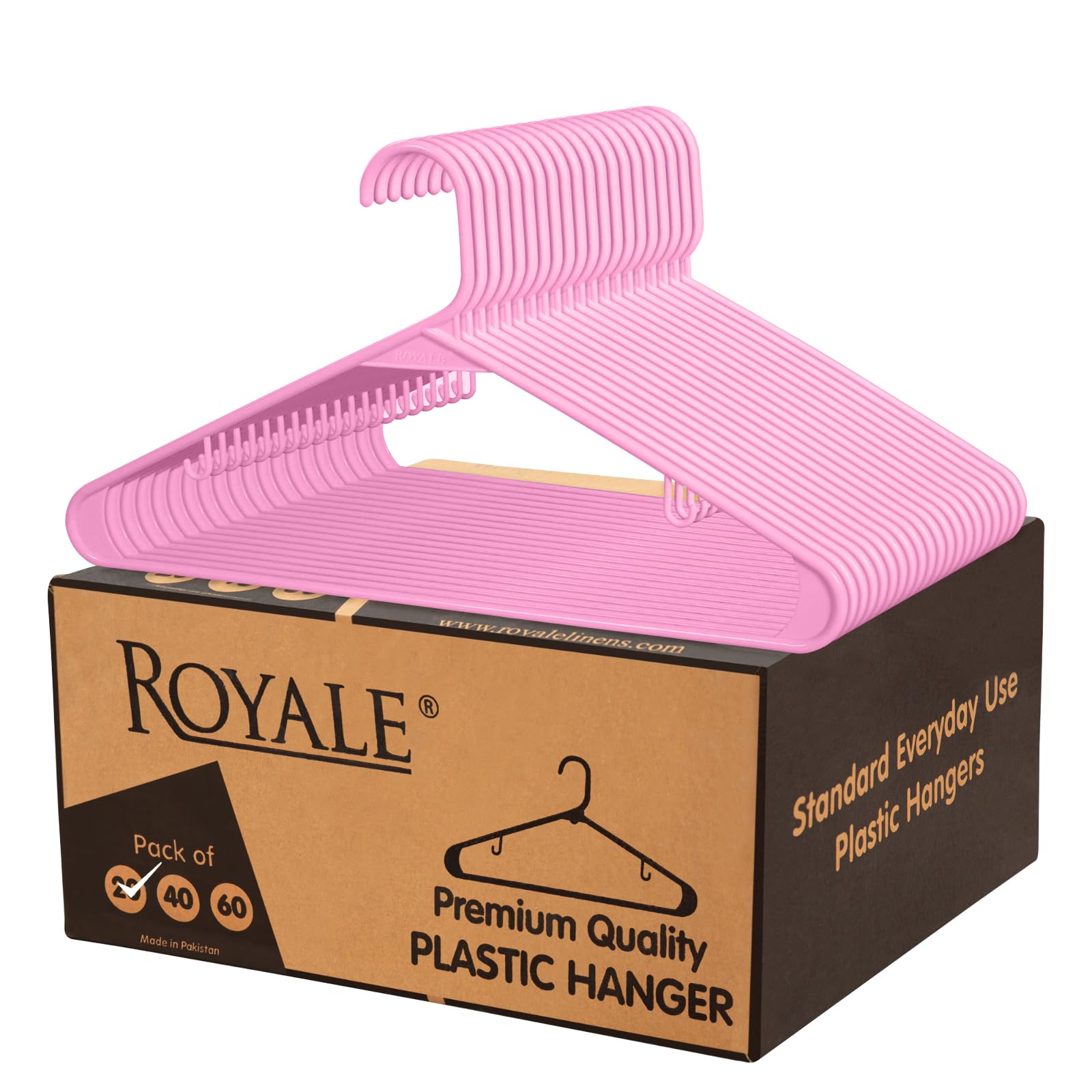 ROYALE Plastic Hangers 20 Pack - Pink Plastic Hangers - Clothes Hanger With Hooks – Heavy Duty Space Saving Coat Hangers Ideal For Everyday Use For Tops, Skirt, Dress, Shirts, Pants (20 Pack, Pink)