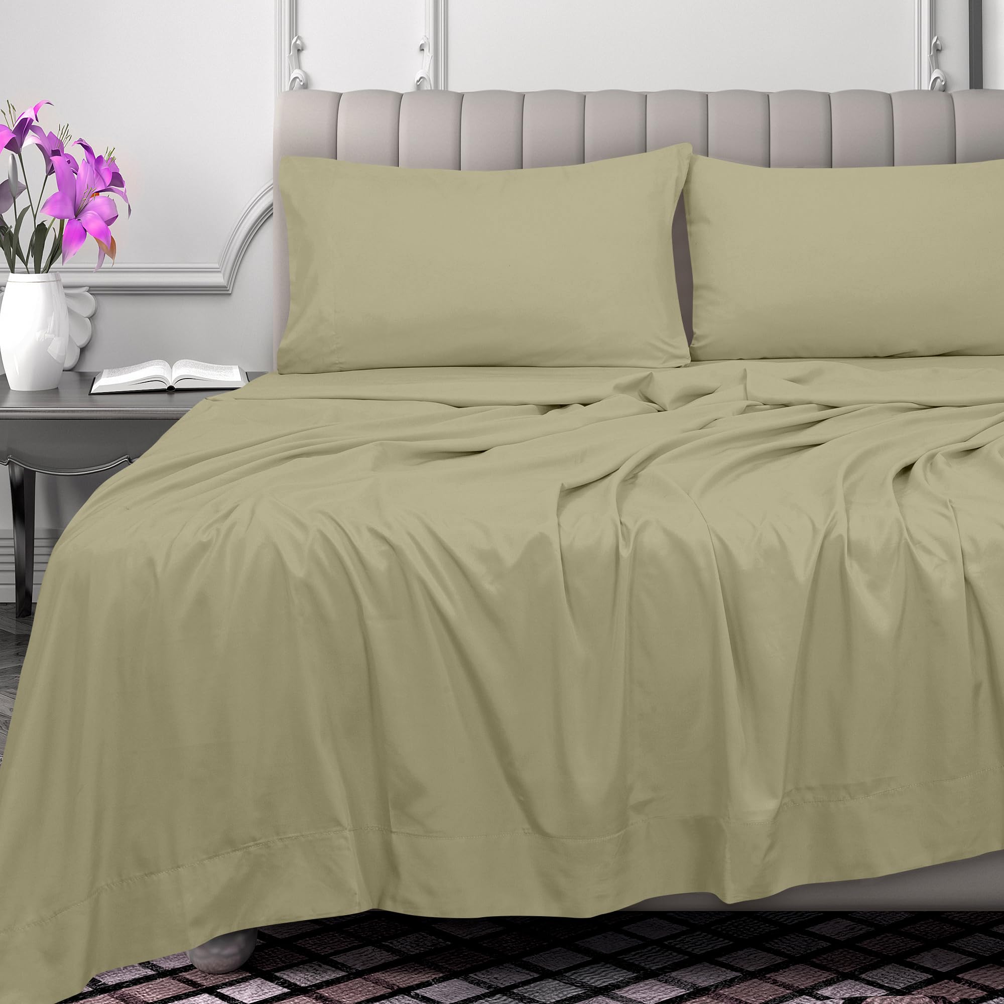 Royale Linen 300 Thread Count 100% Long Staple Combed Cotton Flat Sheet - Super Soft - Top Sheet - Flat Sheet Sold Separately - Breathable, Cool & Crisp Percale Flat Sheet Only (SageGreen)