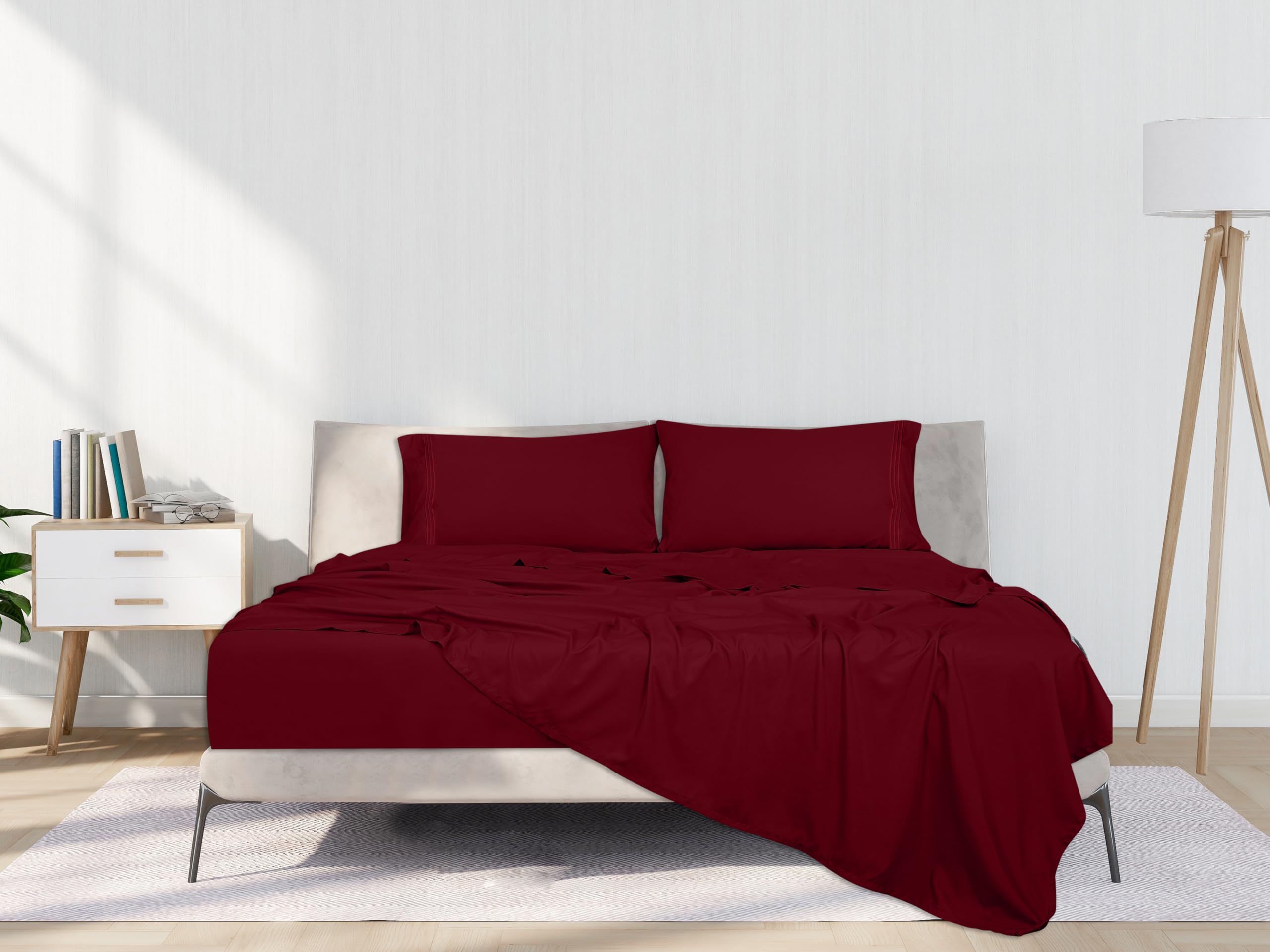 Royale Linens - 4 Piece Bed Sheet - Soft Brushed Microfiber 1800 Bedding Set - 1 Fitted Sheet, 1 Flat Sheet, 2 Pillowcase - Wrinkle & Fade Resistant Luxury Sheet Set (Burgundy)