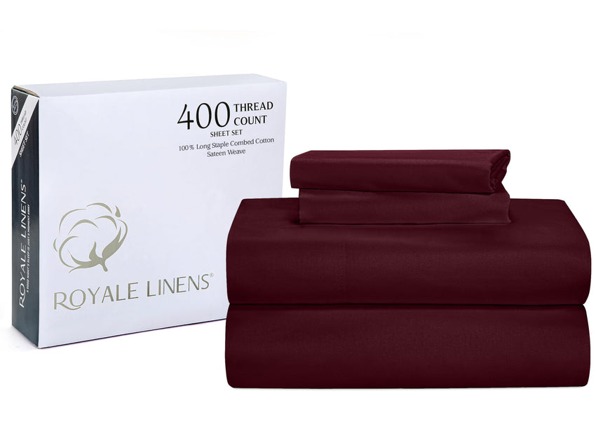 ROYALE LINENS 400 Thread Count 100% American Grown Cotton 4 Piece Sateen Queen Sheet Set - 1 Fitted Sheet, 1 Flat Sheet, 2 Pillow case - Tango Red Queen Bedsheet - Cotton Sheets - (Queen, Tango Red)