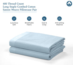 Royale Linens 400 Thread Count 100% American Grown Cotton Queen Pillowcase Set - Luxury Sateen Queen Pillow case - 20"x30" Inch - Soft & Smooth Set of 2 Blue Pillowcases - (Queen, Caribbean Blue)