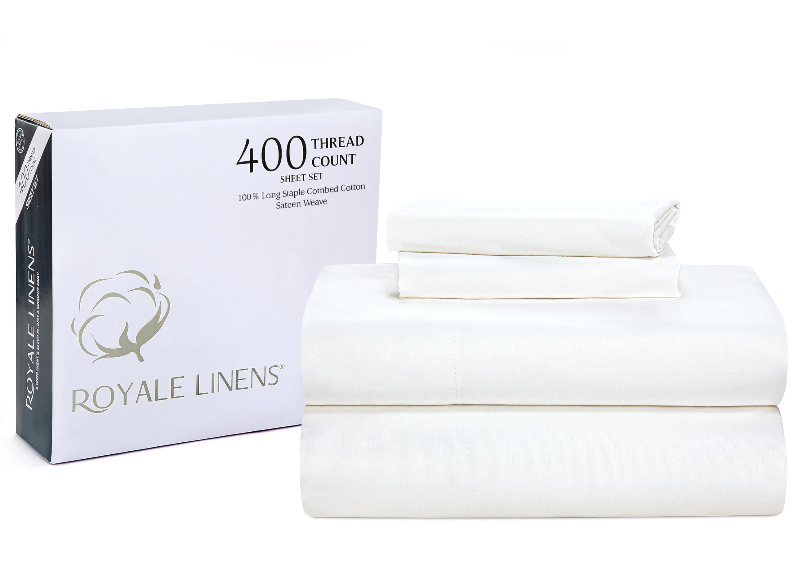 ROYALE LINENS 400 Thread Count 100% American Grown Cotton 4 Piece Sateen Sheet Set - 1 Fitted Sheet, 1 Flat Sheet, 2 Pillow case - White Bedsheet - Cotton Sheets - ( Signature White)