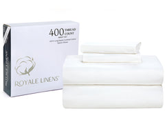 ROYALE LINENS 400 Thread Count 100% American Grown Cotton 4 Piece Sateen Queen Sheet Set - 1 Fitted Sheet, 1 Flat Sheet, 2 Pillow case - White Queen Bedsheet - Cotton Sheets - (Queen, Signature White)