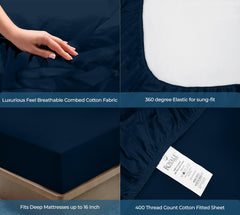 Royale Linens 400 Thread Count 100% American Grown Cotton Fitted Sheet Queen Size - All Around Elastic Fitted Sheet - Luxury Sateen Weave - Snug Fit Bottom Sheet Fit Up To 16 Inch (Queen, Rivera Navy)