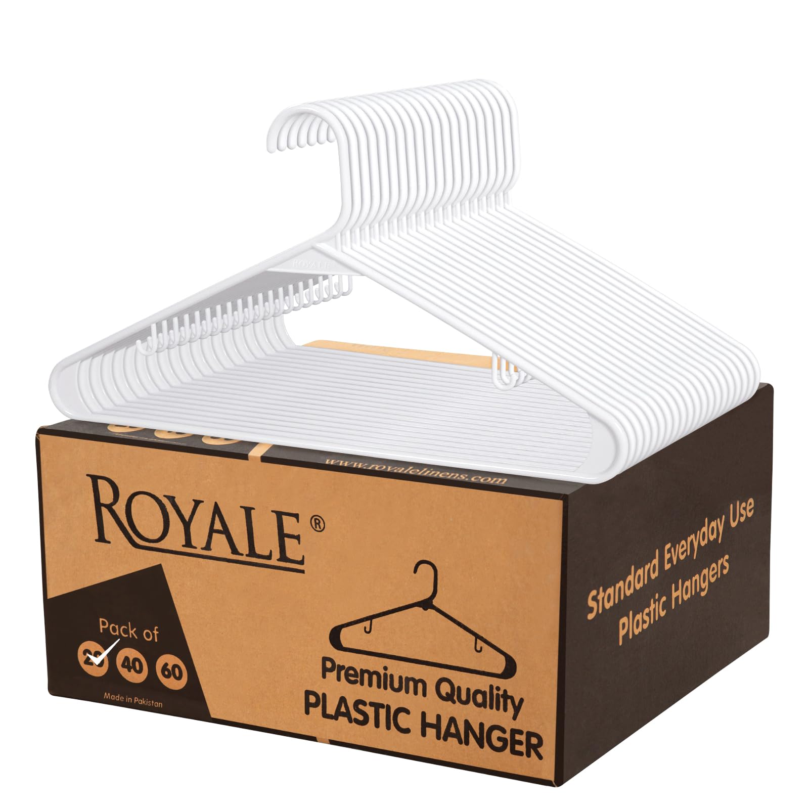 ROYALE Plastic Hangers - White Plastic Hangers - Clothes Hanger With Hooks – Heavy Duty Space Saving Coat Hangers Ideal For Everyday Use For Tops, Skirt, Dress, Shirts, Pants (White)