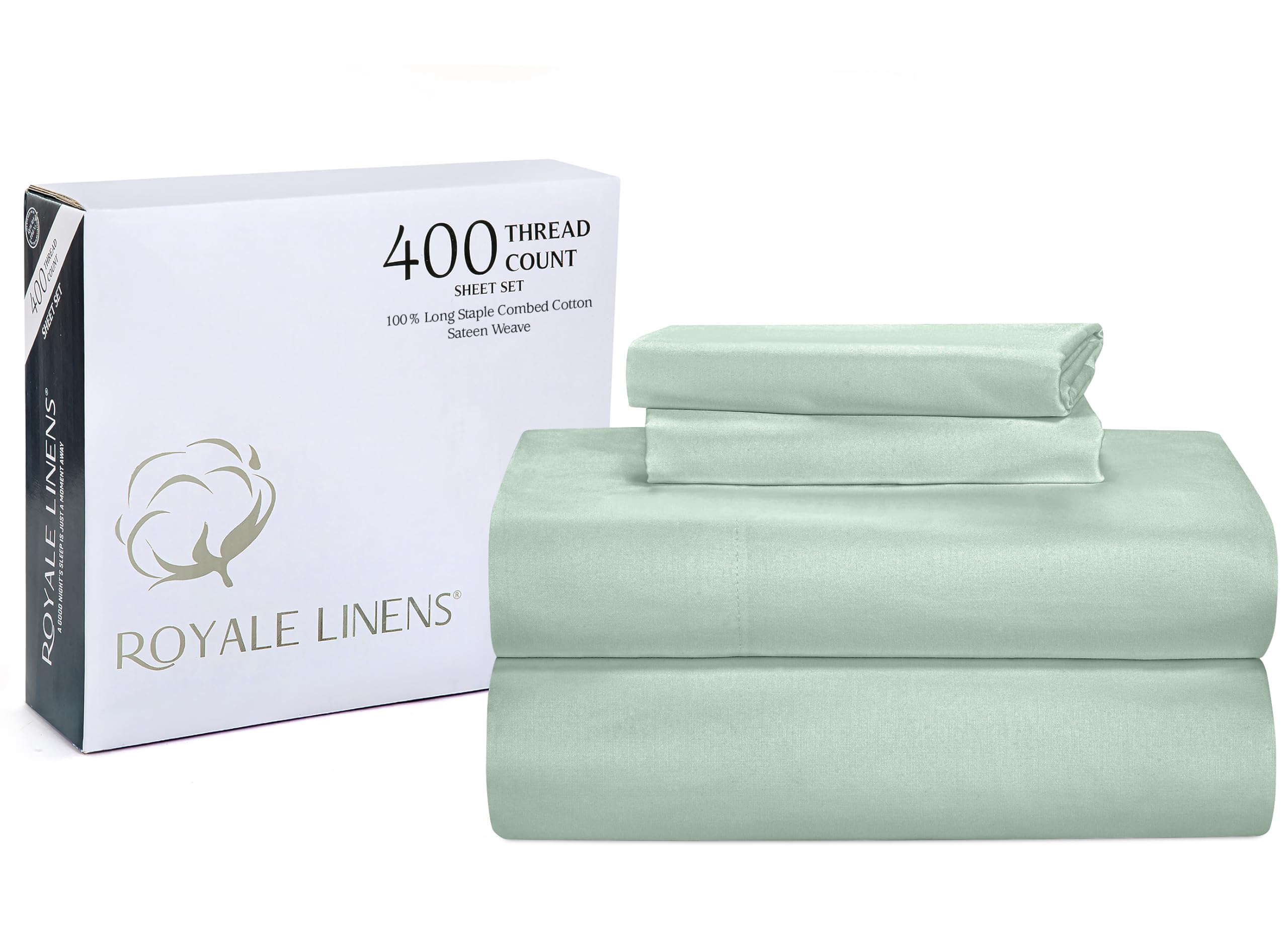 ROYALE LINENS 400 Thread Count 100% American Grown Cotton 4 Piece Sateen Queen Sheet Set - 1 Fitted Sheet, 1 Flat Sheet, 2 Pillow case - Queen Bedsheet - Cotton Sheets - (Queen, Gurli Light Green)