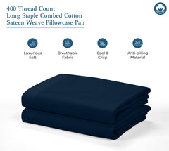 Royale Linens 400 Thread Count 100% American Grown Cotton Queen Pillowcase Set - Luxury Sateen Queen Pillow case - 20"x30" Inch - Soft & Smooth Set of 2 Navy Pillowcases - (Queen, Rivera Navy)