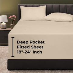 Royale Linens Extra Deep Pocket Queen Fitted Sheet Only - Soft Sand Queen Size Fitted Sheet Deep Pocket - Fits 18 inch to 24 inch Thick Mattress - Fitted Sheet Only - Elastic Sheet (Queen, Sand)