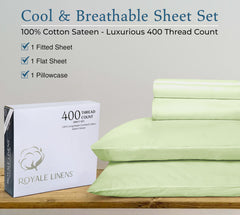 Royale Linen 400 Thread Count 100% American Grown Cotton 4 Piece Sateen Queen Sheet Set - 1 Fitted Sheet, 1 Flat Sheet, 2 Pillow case - Green Queen Bedsheet - Cotton Sheets - (Queen, Florentine Sage)