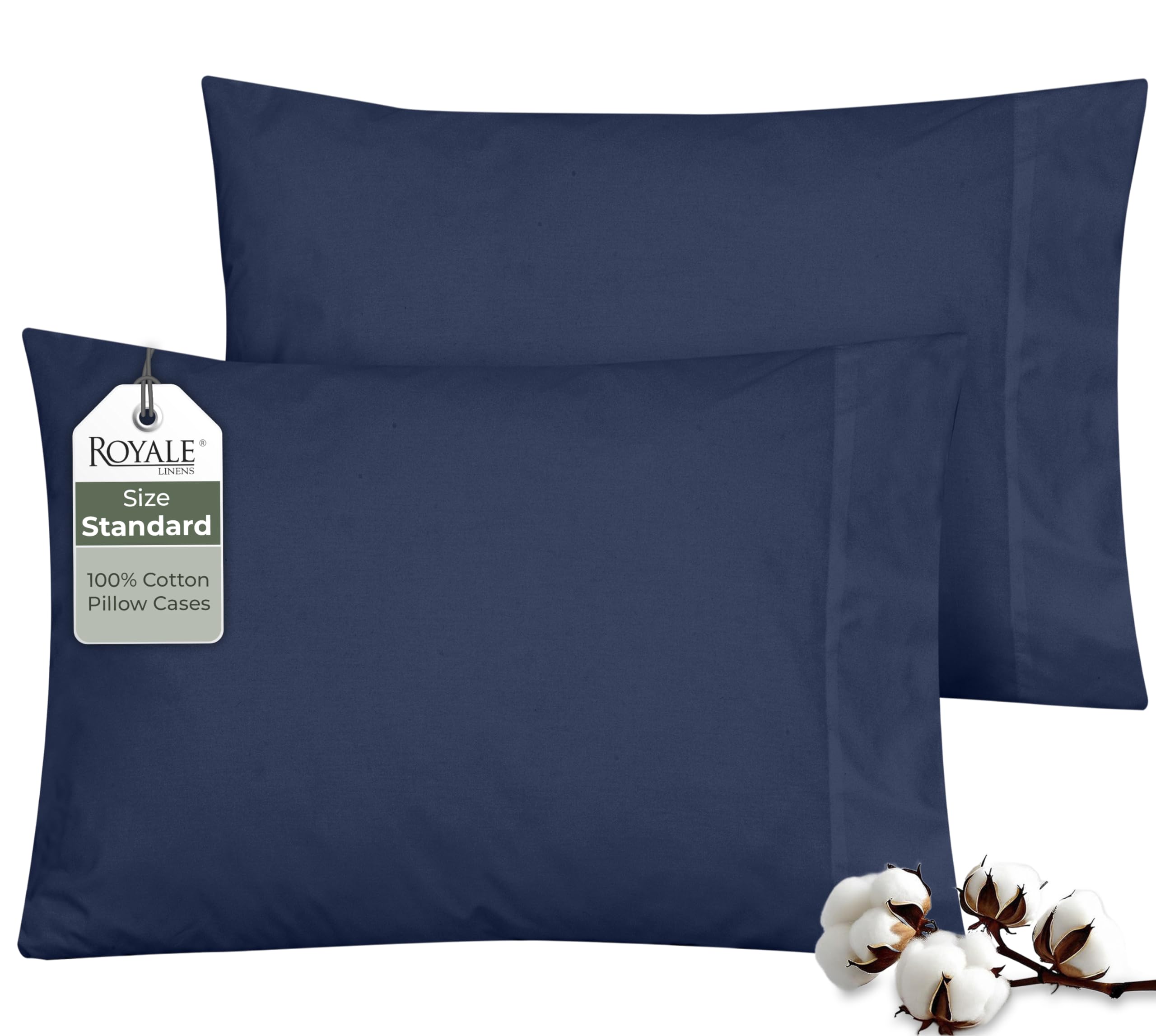 ROYALE LINENS 200 Thread Count 100% Long Staple Combed Cotton Pillowcases Set Of 2 - Ultra Soft - Queen Bed Pillow Cover - 20"x30" - Breathable, Cool & Crisp Percale White Pillow Cases (Queen, Navy)
