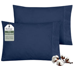 ROYALE LINENS 200 Thread Count 100% Long Staple Combed Cotton Pillowcases Set Of 2 - Ultra Soft - Queen Bed Pillow Cover - 20"x30" - Breathable, Cool & Crisp Percale White Pillow Cases (Queen, Navy)