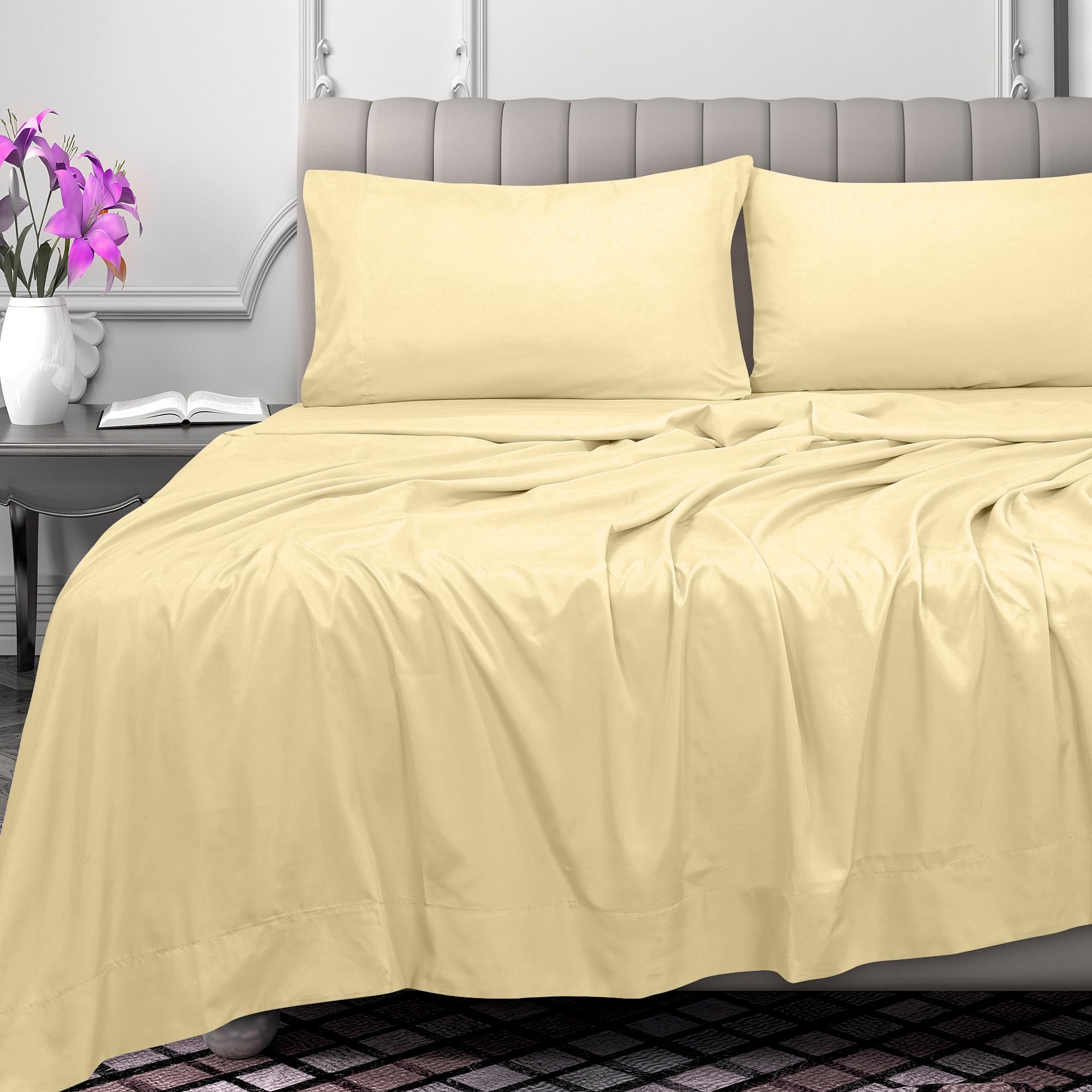 Royale Linens 300 Thread Count 100% Long Staple Combed Cotton Flat Sheet - Super Soft - Top Sheet - Flat Sheet Sold Separately - Breathable Cool & Crisp Percale Flat Sheet Only(Light Yellow)