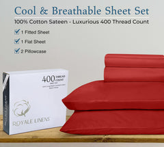 ROYALE LINENS 400 Thread Count 100% American Grown Cotton 4 Piece Sateen Queen Sheet Set - 1 Fitted Sheet, 1 Flat Sheet, 2 Pillow case - Red Queen Bedsheet - Cotton Sheets - (Queen, Red)