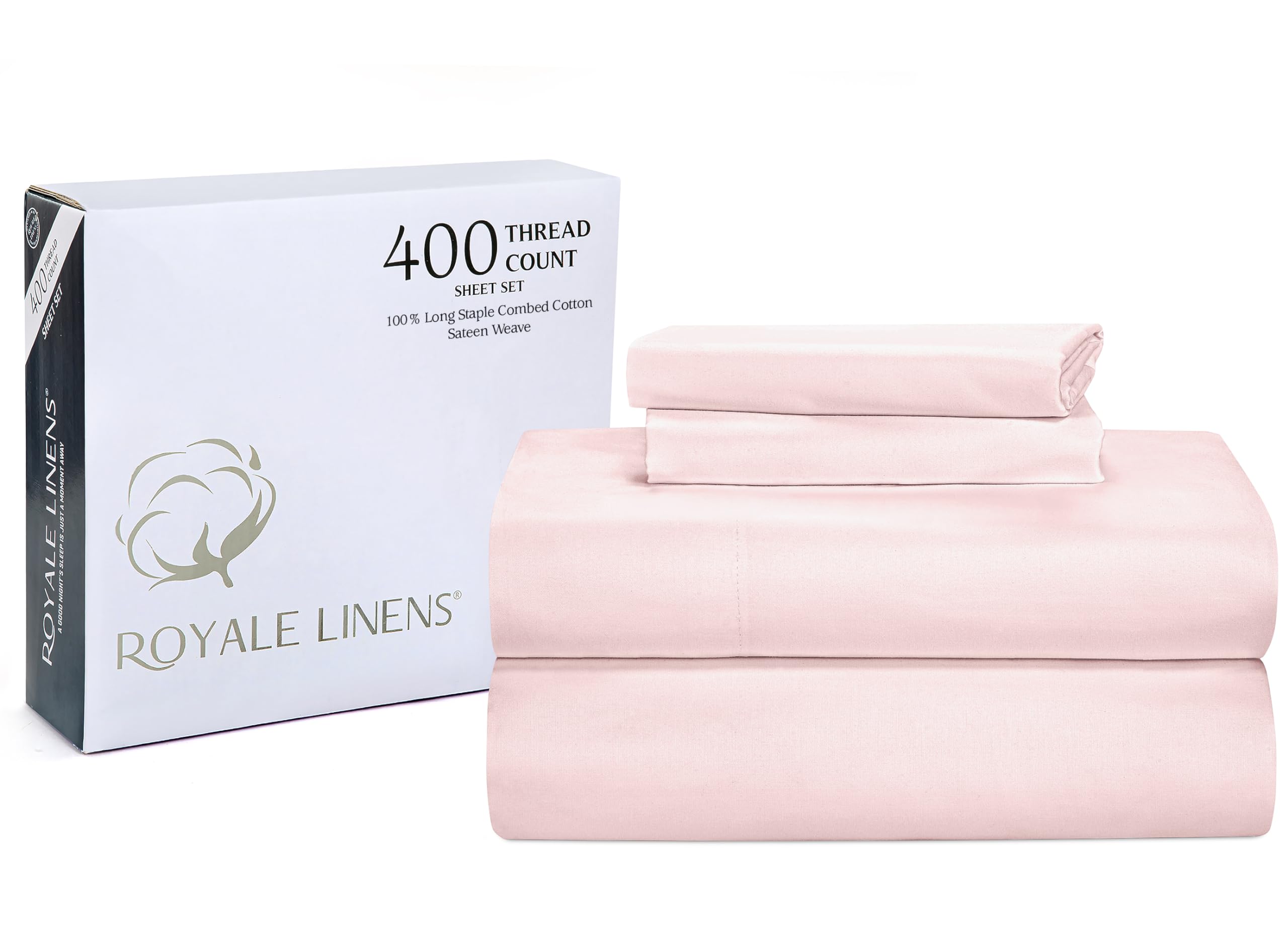 ROYALE LINENS 400 Thread Count 100% American Grown Cotton 4 Piece Sateen Queen Sheet Set - 1 Fitted Sheet, 1 Flat Sheet, 2 Pillow case - Pink Queen Bedsheet - Cotton Sheets - (Queen, Kyoto Blush)