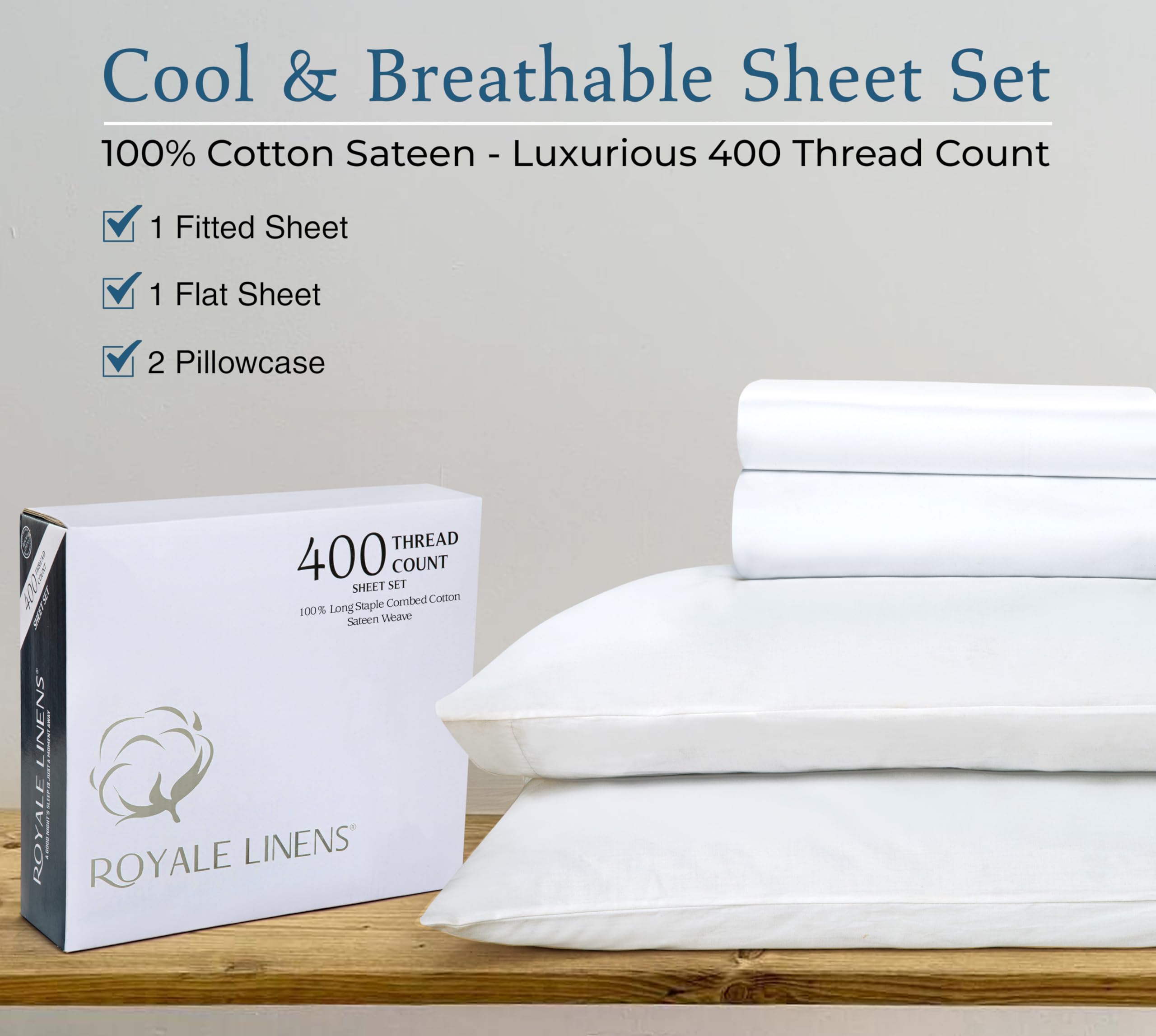 ROYALE LINENS 400 Thread Count 100% American Grown Cotton 4 Piece Sateen Queen Sheet Set - 1 Fitted Sheet, 1 Flat Sheet, 2 Pillow case - True White Queen Bedsheet - Cotton Sheets - (Queen, True White)