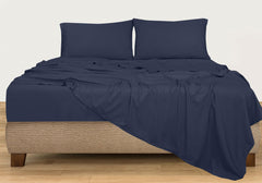 ROYALE LINENS 300 Thread Count 100% Long Staple Combed Cotton Sheet Set - 4 Piece Queen Bed Sheet 1 Fitted Sheet, 1 Flat Sheet, 2 Pillow Case - Breathable, Cool & Crisp Percale Sheet Set (Queen, Navy)