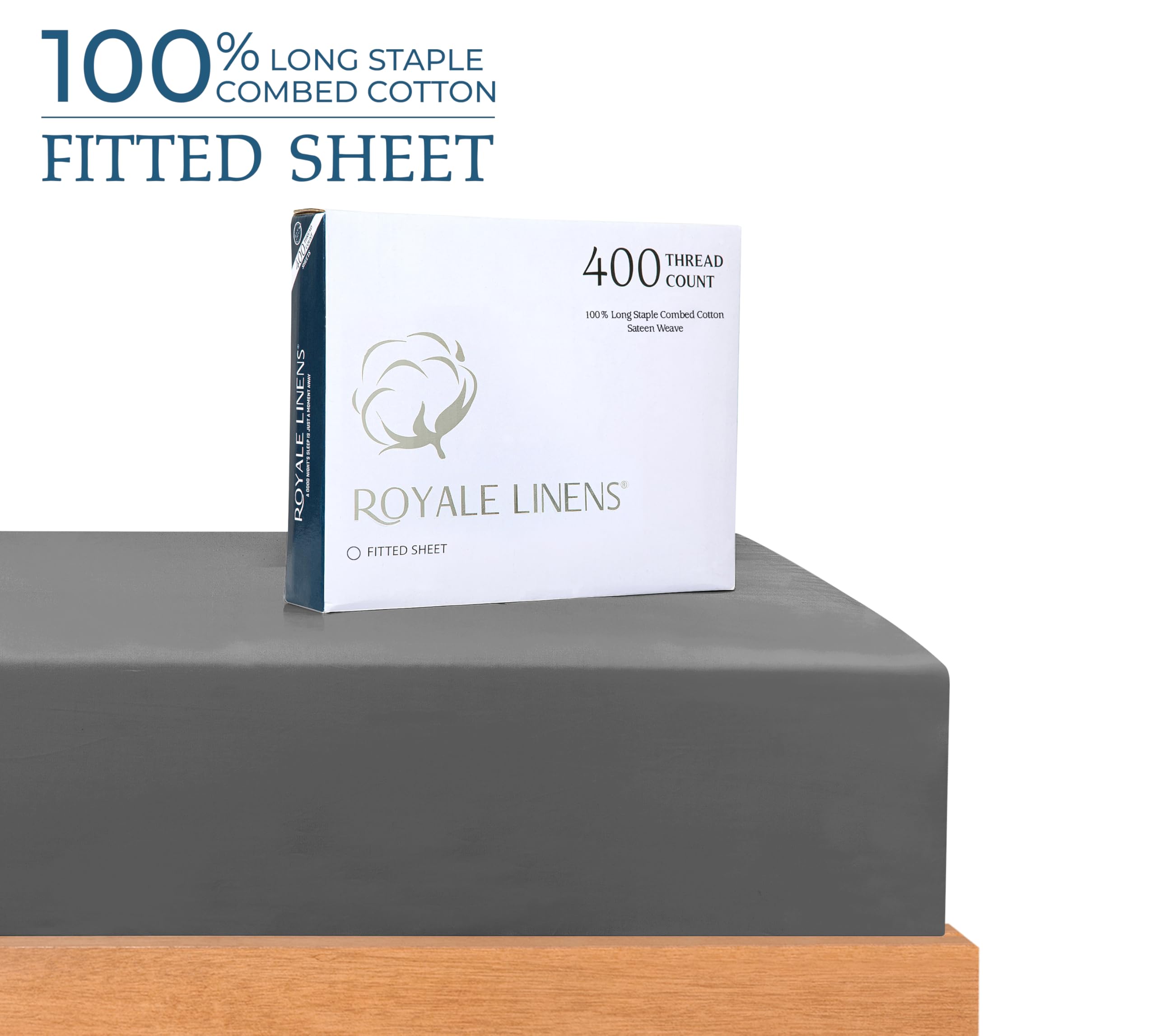 Royale Linens 400 Thread Count 100% Cotton Sateen Fitted Sheet - UltraSoft Wrinkle & Fade Resistant - Bottom Sheet - Deep Pocket Stretches Upto 16" - Fitted Sheet Only - Elastic Sheet (Charcoal)