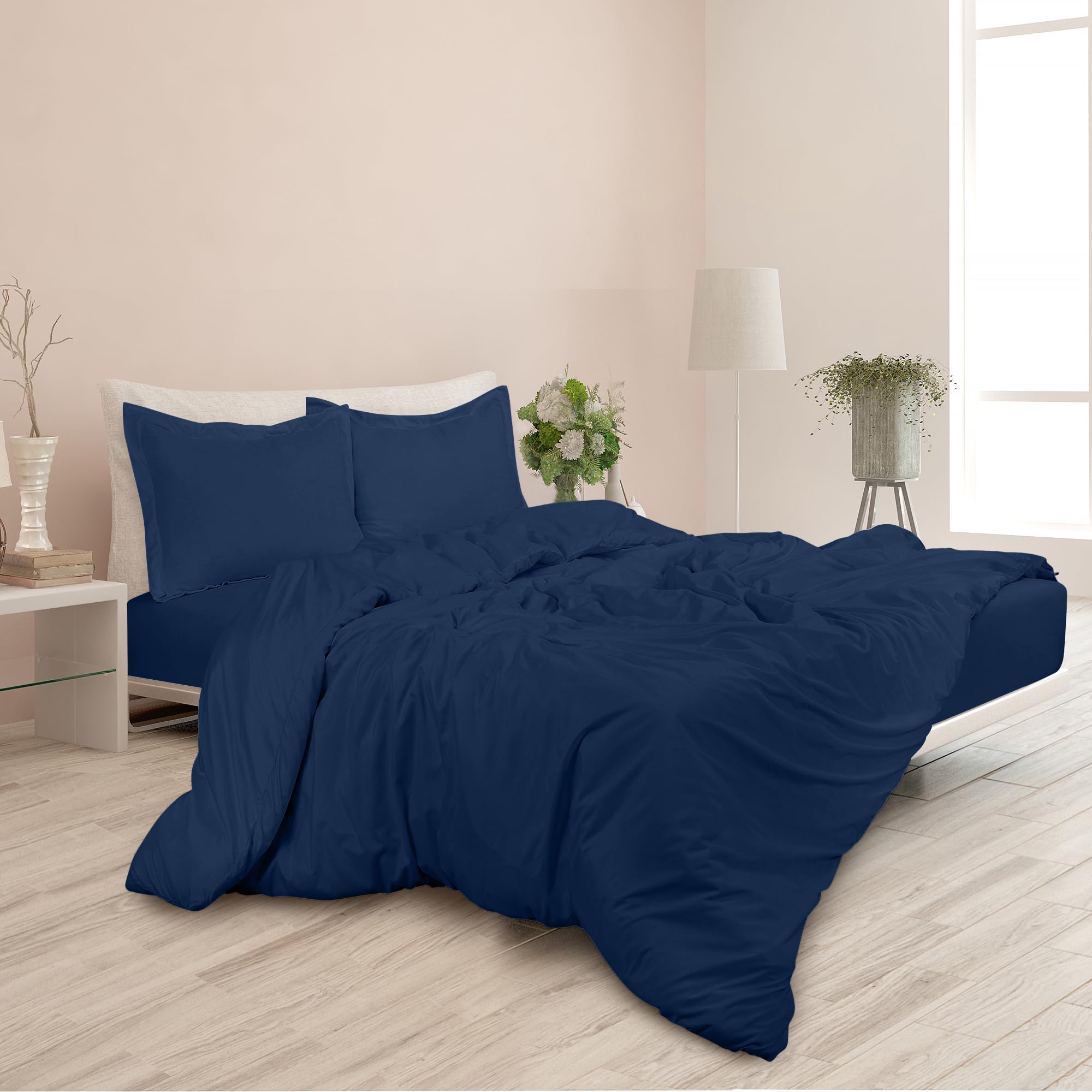 ROYALE Navy Duvet Cover Queen Size - Washed Duvet Cover Set, 3 Piece Double Brushed Duvet Covers with Button Closure - 1 Duvet Cover 90x90 inches and 2 Pillow Shams - Comforter Cover