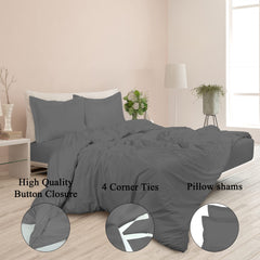 ROYALE Grey Duvet Cover Queen Size - Washed Duvet Cover Set, 3 Piece Double Brushed Duvet Covers with Button Closure - 1 Duvet Cover 90x90 inches and 2 Pillow Shams - Comforter Cover