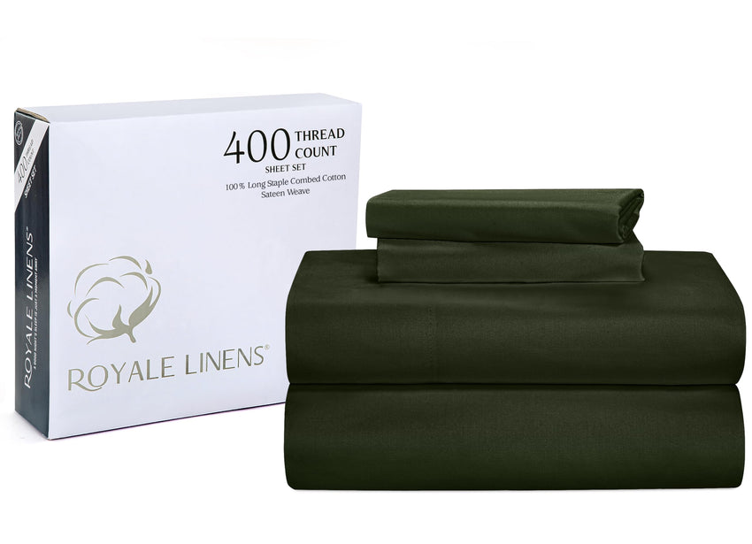 ROYALE LINENS 400 Thread Count 100% American Grown Cotton 4 Piece Sateen Queen Sheet Set - 1 Fitted Sheet, 1 Flat Sheet, 2 Pillow case - Green Queen Bedsheet - Cotton Sheets - (Queen, Leaf Green)