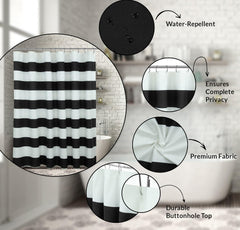 ROYALE LINENS Printed Shower Curtain 72 X 72 Inches - with Reinforced Button Holes - Rugby Stripe Black Design - Machine Washable & Water Resistant Shower Curtains (Standard - Rugby Stripe Black)