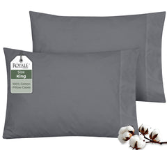 ROYALE LINENS 200 Thread Count 100% Long Staple Combed Cotton Pillowcases Set Of 2 - Ultra Soft - Queen Bed Pillow Cover - 20"x30" - Breathable, Cool & Crisp Percale White (Queen, Charcoal)